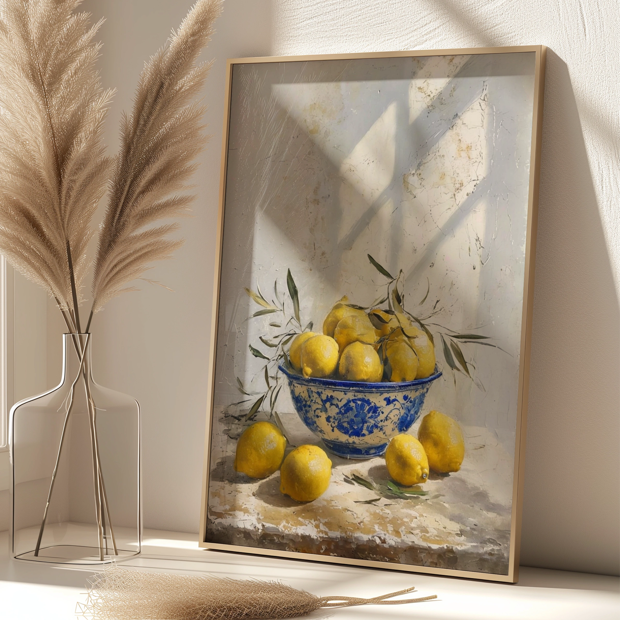 Mediterranean Lemon Bowl Poster, Blue White Ceramic Still Life Kitchen Wall Art