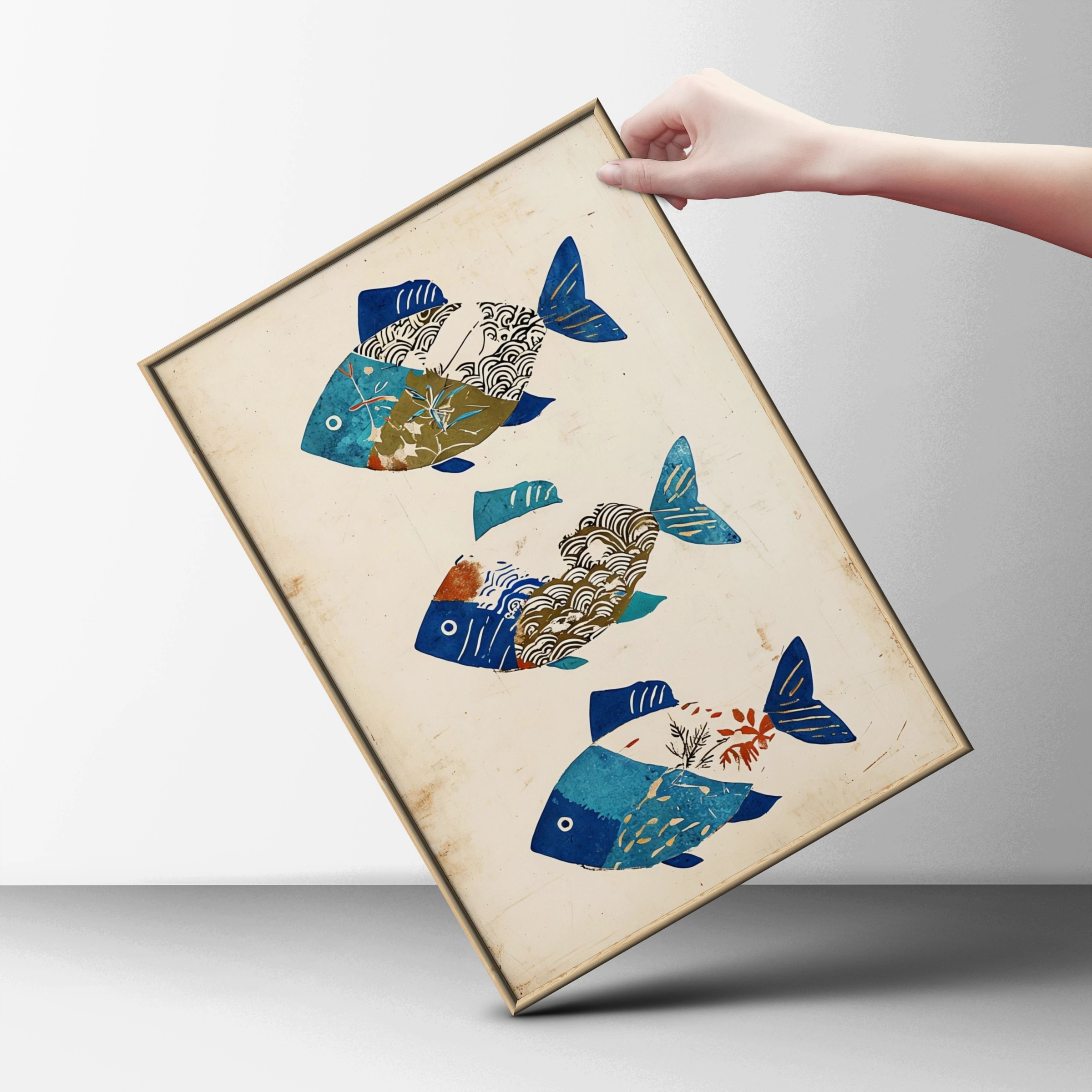 Japanese Pattern Fish Poster, Traditional Wave Art Print, Blue Botanical Wall Art