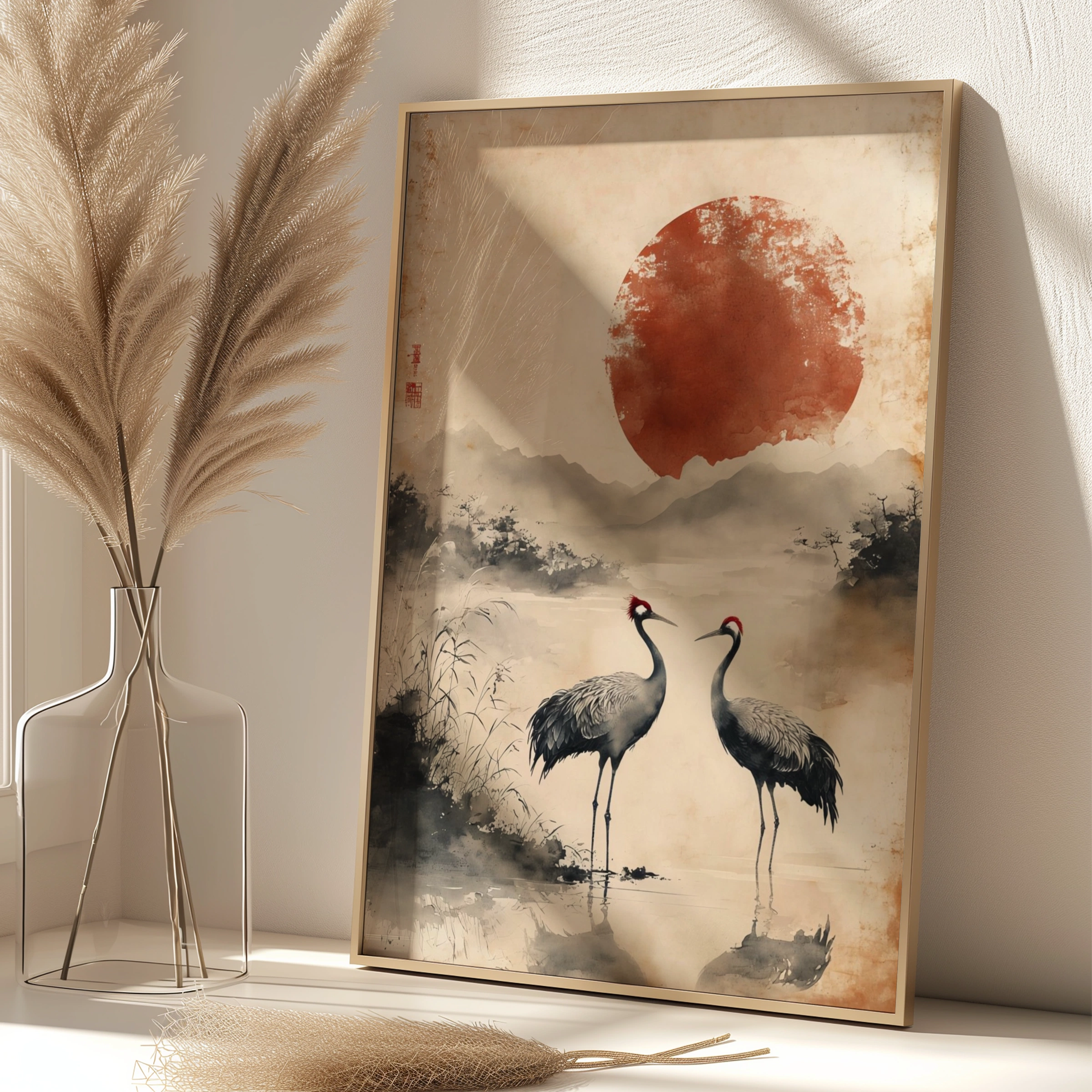 Japanese Crane Poster, Red Sun Wall Art, Ink Wash Bird Print, Zen Crane Decor