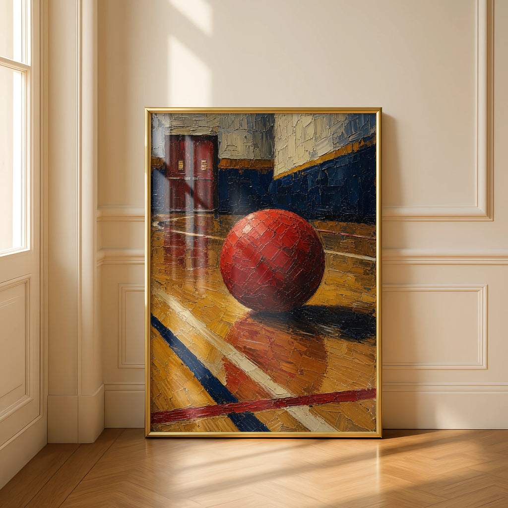 Dodgeball Gym Art Print, Red Ball School Gymnasium Poster, Impasto Style Sports Wall Art