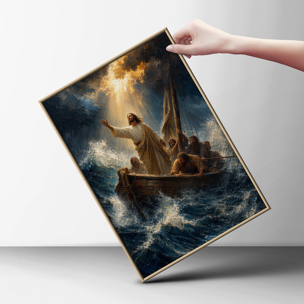 Jesus Calms the Storm Poster, Biblical Wall Art, Christian Faith Print, Miracle Sea