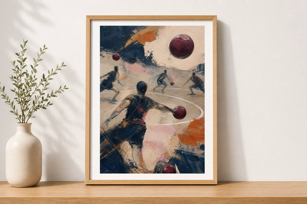 Abstract Dodgeball Art Poster, Sports Wall Art, Navy Blue Expressive Painting Print