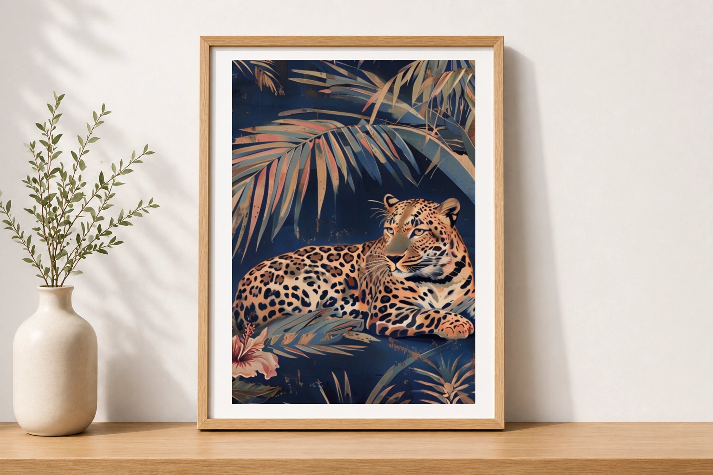 Tropical Leopard Palm Leaf Poster, Navy Blue Jungle Cat Wall Art, Botanical Animal Print