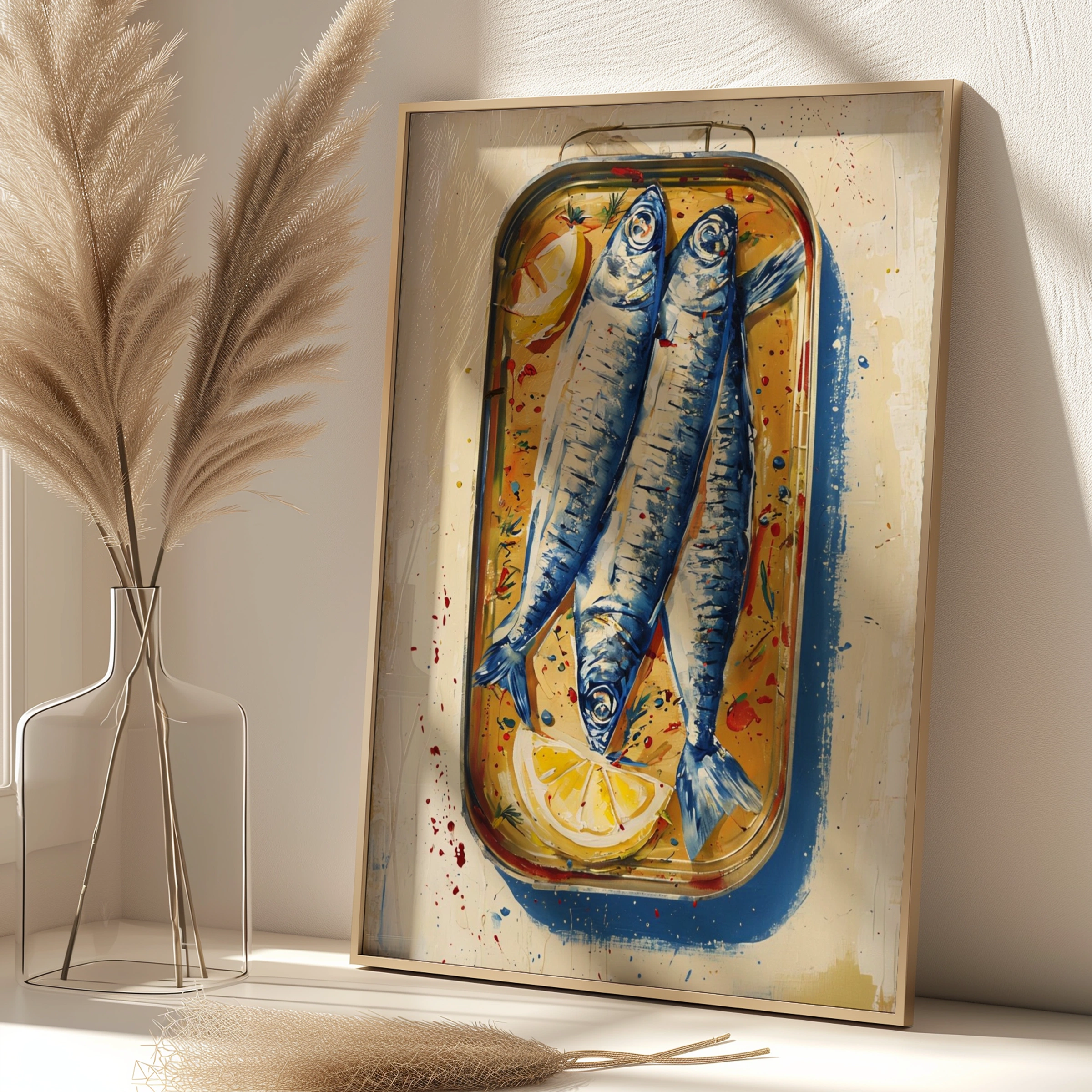 Mediterranean Sardines Poster, Fish Kitchen Wall Art, Lemon Blue Painted Food Print