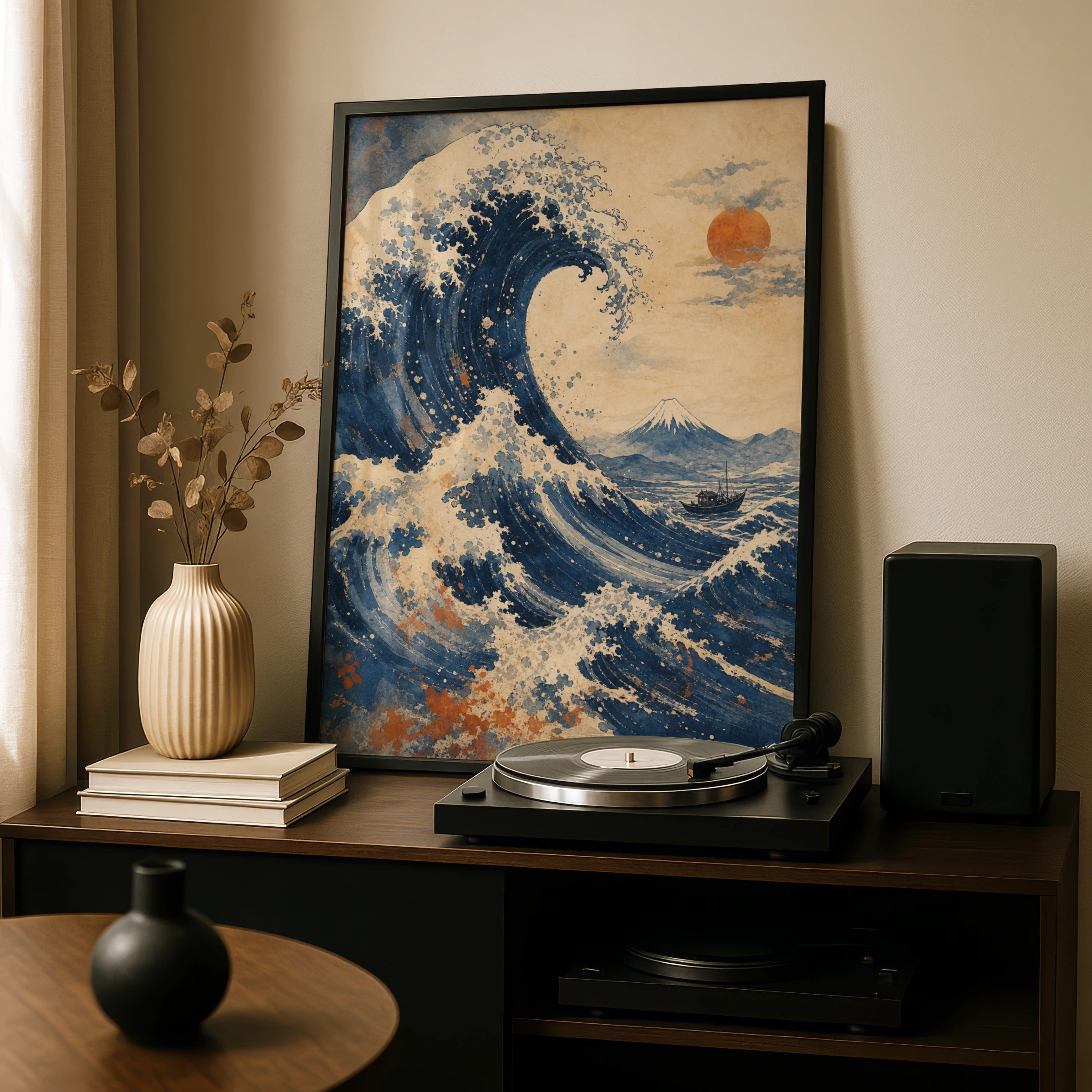 Great Wave Mount Fuji Poster, Japanese Woodblock Style Wall Art, Navy Blue Ocean Print