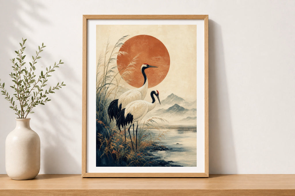 Japanese Crane Poster, Red Sun Wall Art, Woodblock Style Bird Print, Zen Home Decor