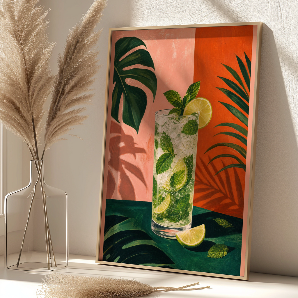 Tropical Mojito Cocktail Poster, Bar Cart Wall Art, Bold Colourful Kitchen Print