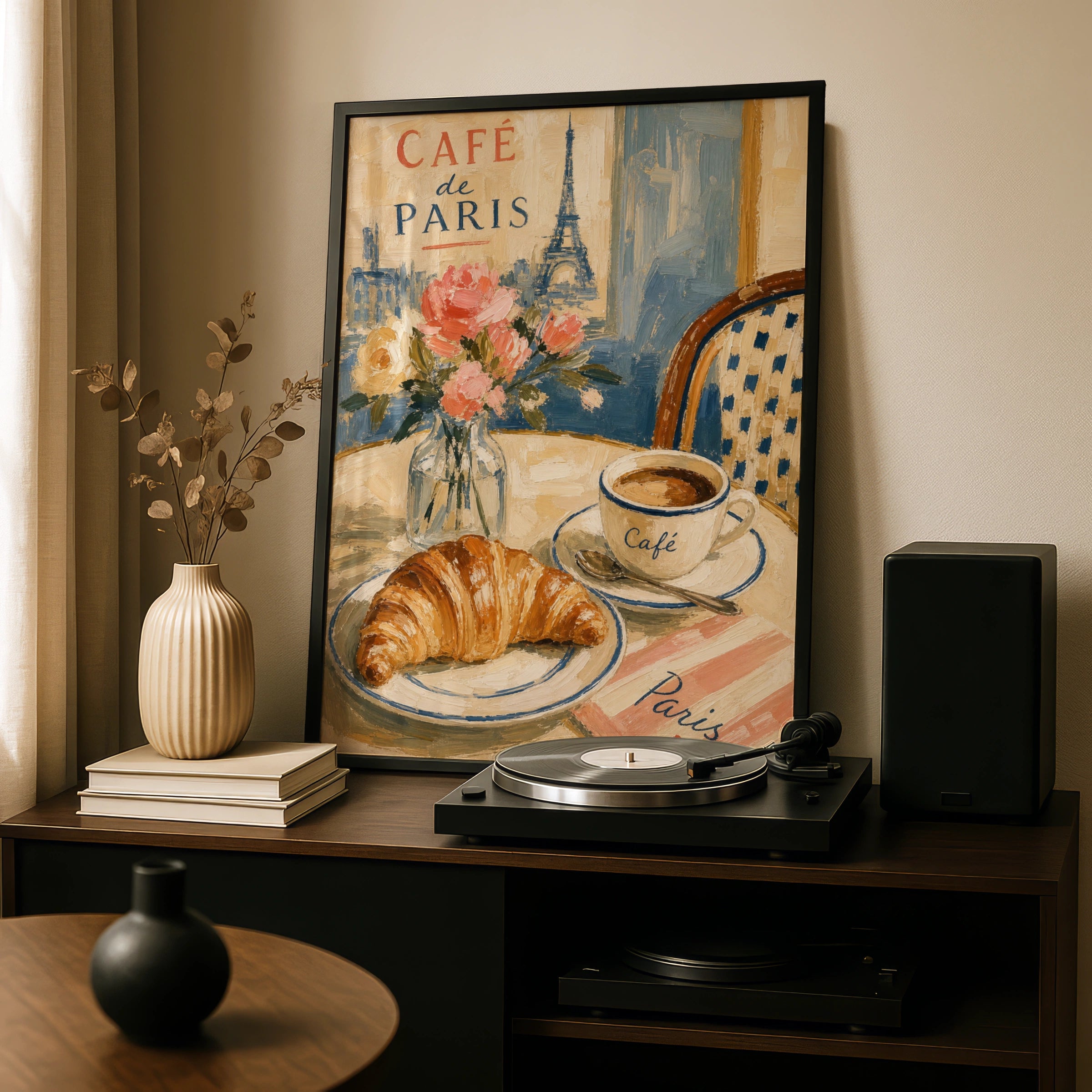 Paris Cafe Poster, Croissant Eiffel Tower Wall Art, French Bistro Print, Kitchen Decor