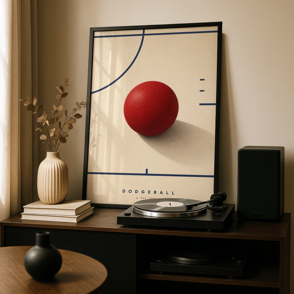 Minimalist Dodgeball Poster, Red Ball Sports Wall Art, Retro Gym Print, Navy Cream Decor