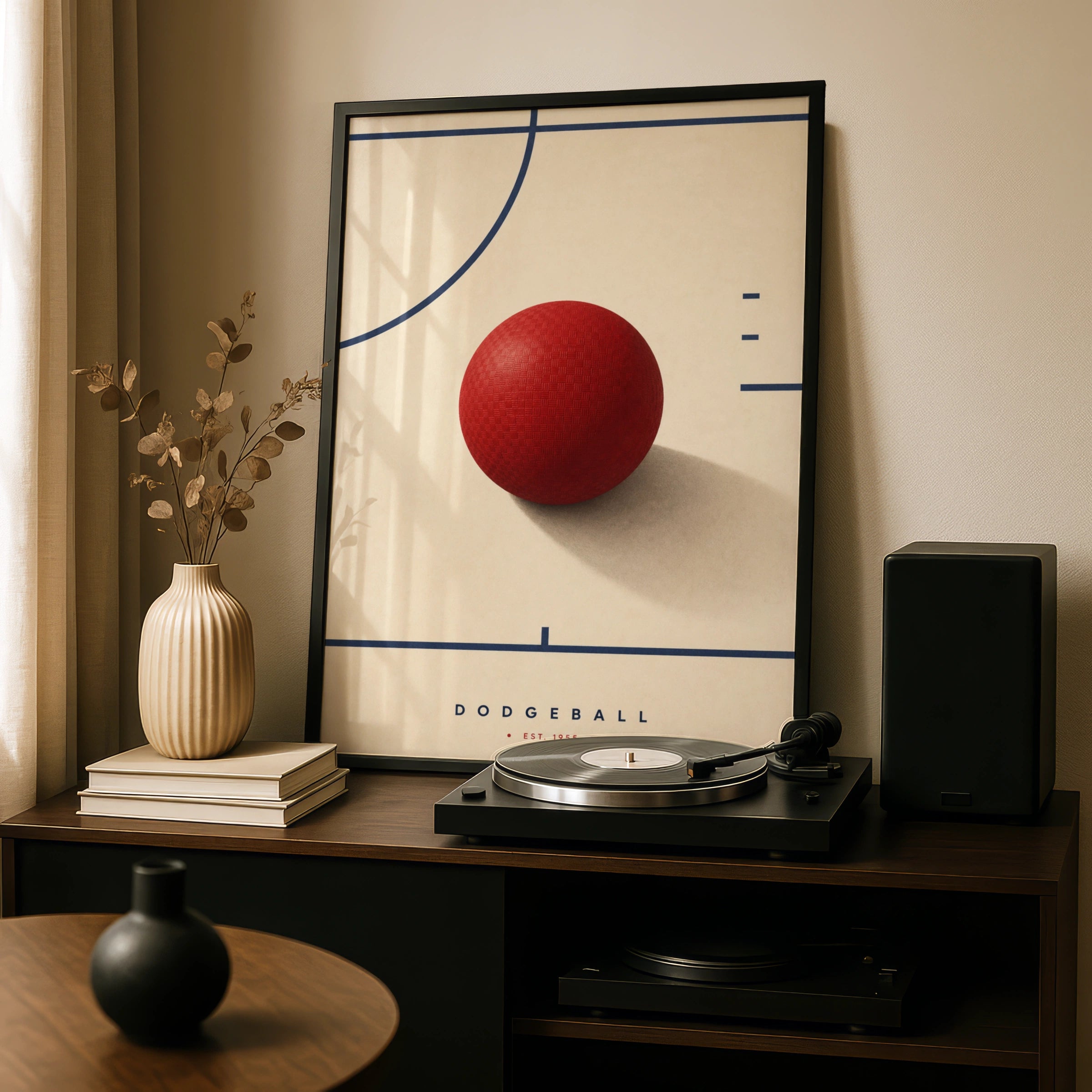 Minimalist Dodgeball Poster, Red Ball Sports Wall Art, Retro Gym Print, Navy Cream Decor
