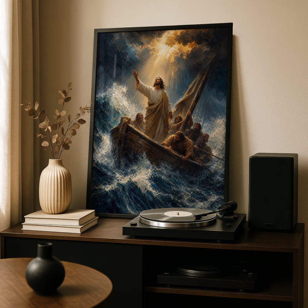 Jesus Calms the Storm Poster, Biblical Wall Art, Christian Faith Print, Miracle Sea