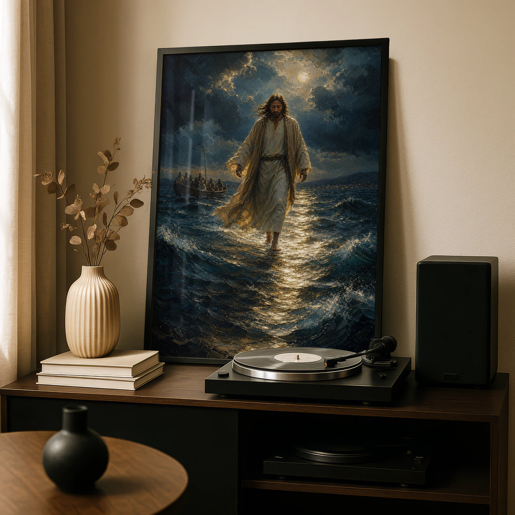 Jesus Walks on Water Poster, Biblical Miracle Wall Art, Christian Faith Print, Stormy Sea