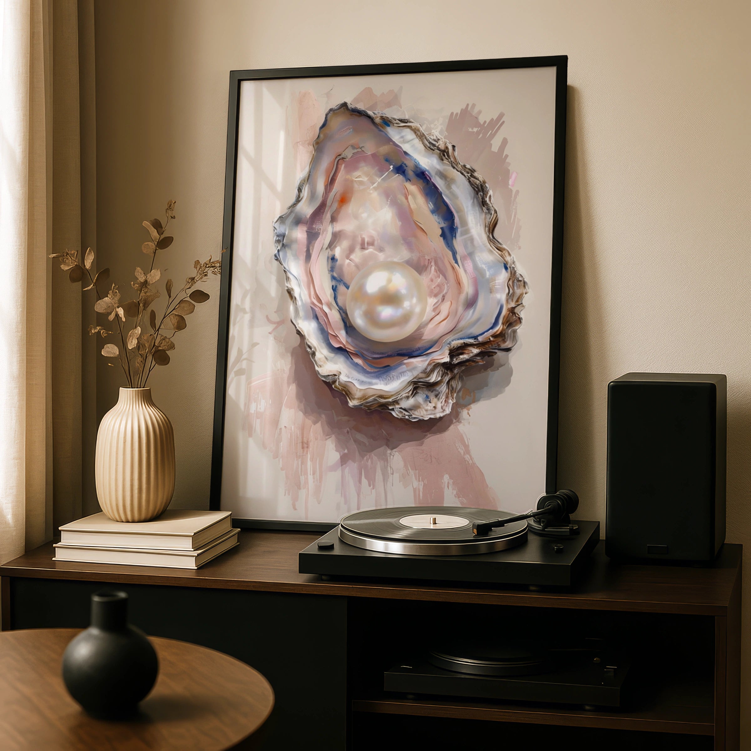Oyster Pearl Poster, Coastal Wall Art, Blush Pink Navy Watercolour Shell Print, Ocean
