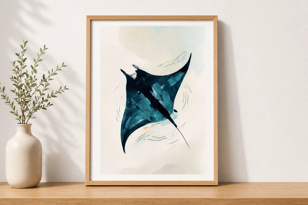 Abstract Manta Ray Poster, Ocean Wall Art, Teal Navy Blue Minimalist Print, Sea Life Decor