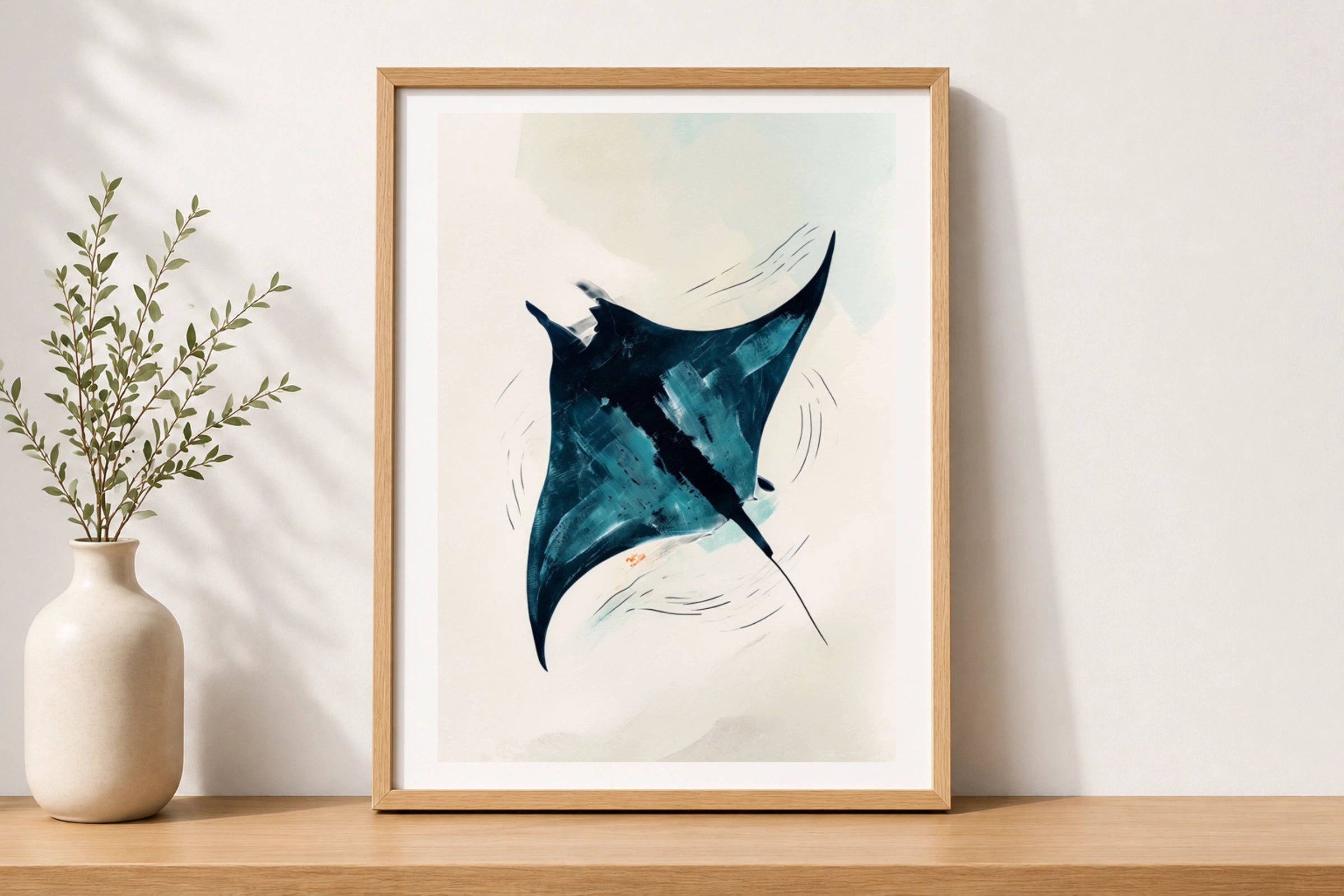 Abstract Manta Ray Poster, Ocean Wall Art, Teal Navy Blue Minimalist Print, Sea Life Decor