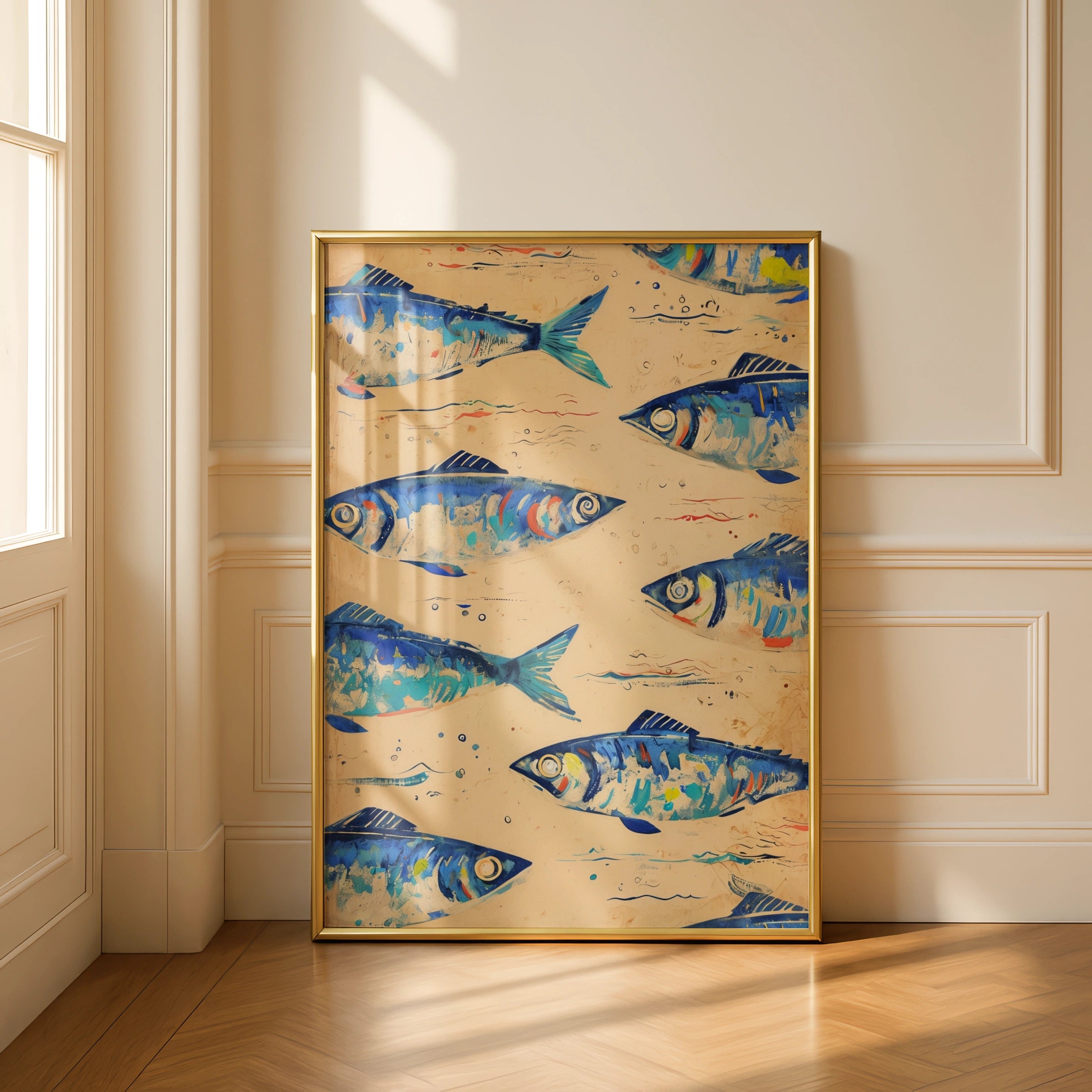 Blue Fish Pattern Poster, Colourful Sardine Wall Art, Nautical Kitchen Print, Coastal Decor