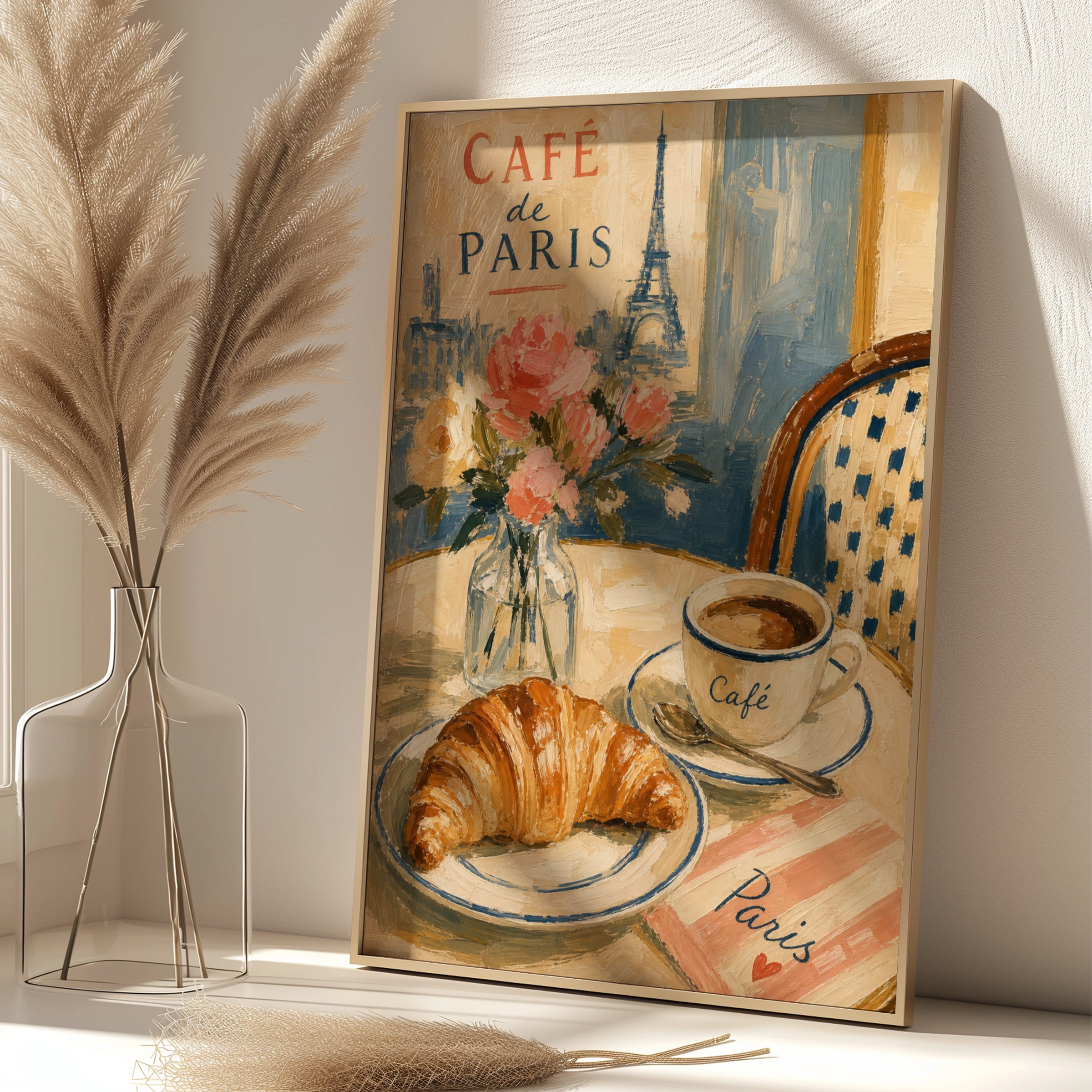 Paris Cafe Poster, Croissant Eiffel Tower Wall Art, French Bistro Print, Kitchen Decor