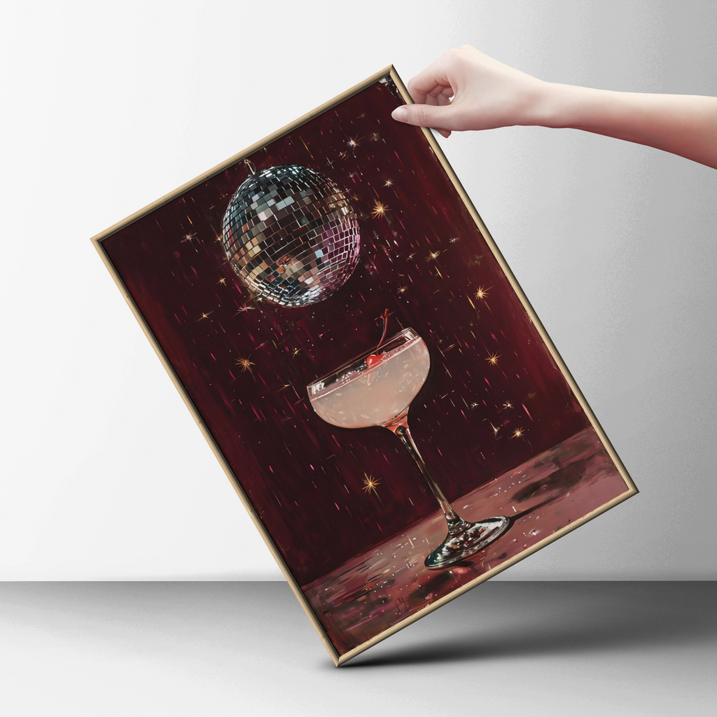 Disco Ball Cocktail Poster, Retro Bar Cart Wall Art, Dark Red Glam Print