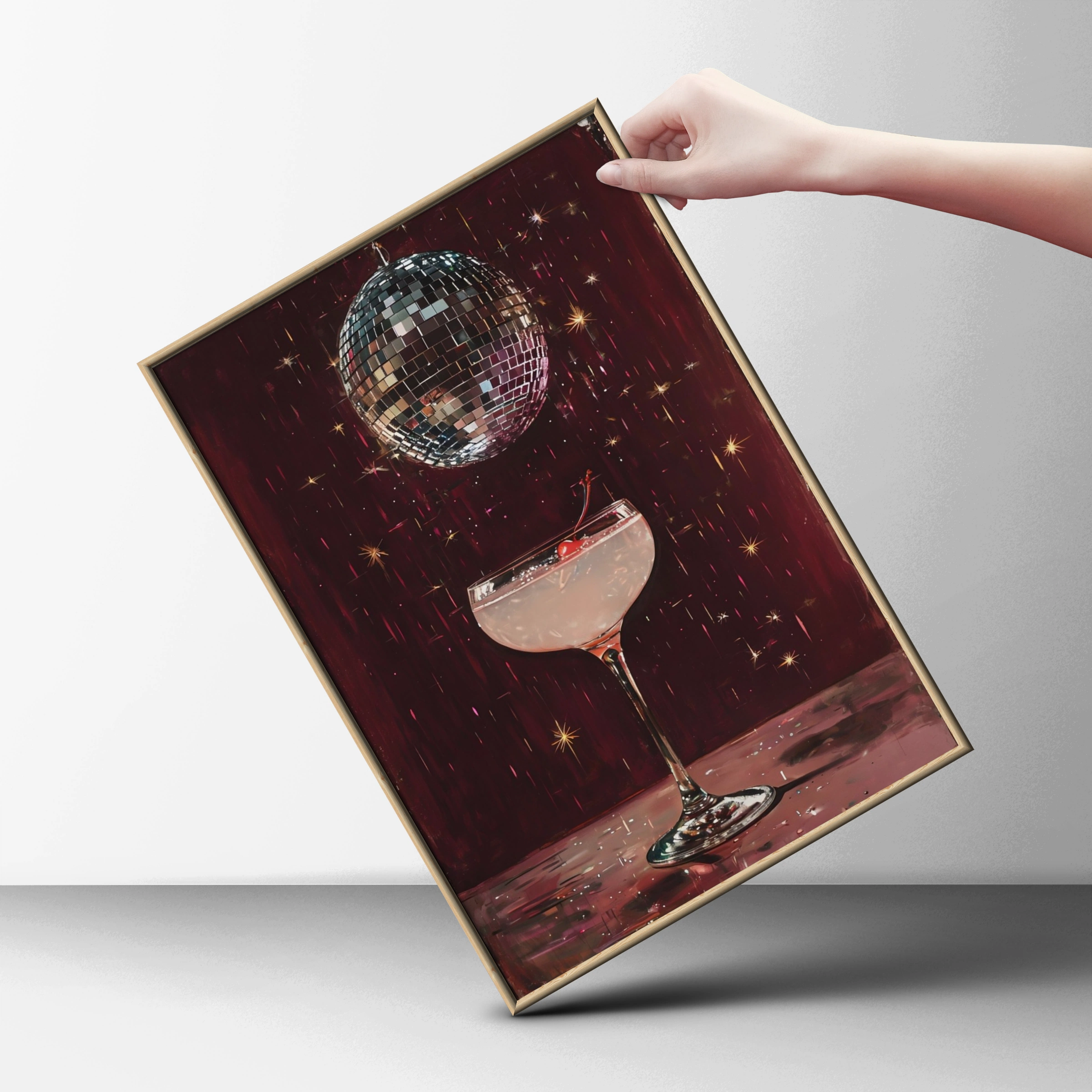 Disco Ball Cocktail Poster, Retro Bar Cart Wall Art, Dark Red Glam Print
