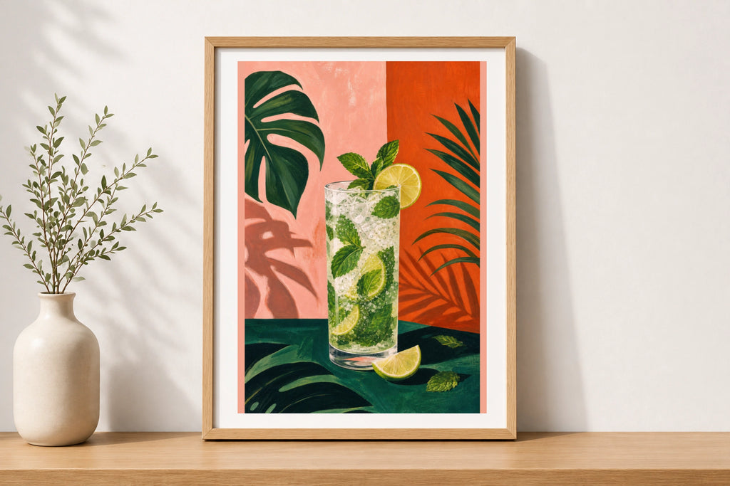 Tropical Mojito Cocktail Poster, Bar Cart Wall Art, Bold Colourful Kitchen Print