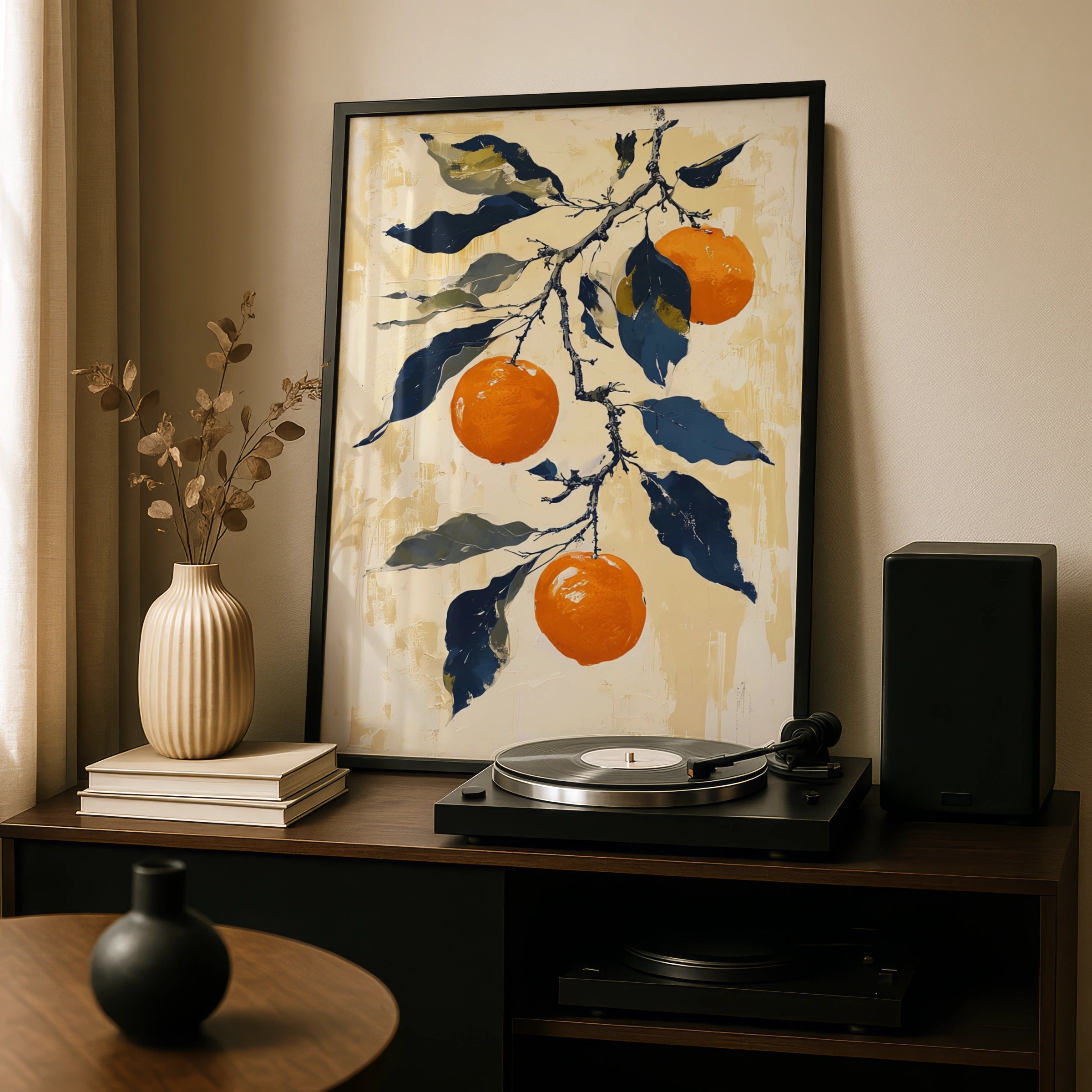 Japanese Orange Branch Poster, Citrus Wall Art, Navy Blue Botanical Print, Kitchen Decor