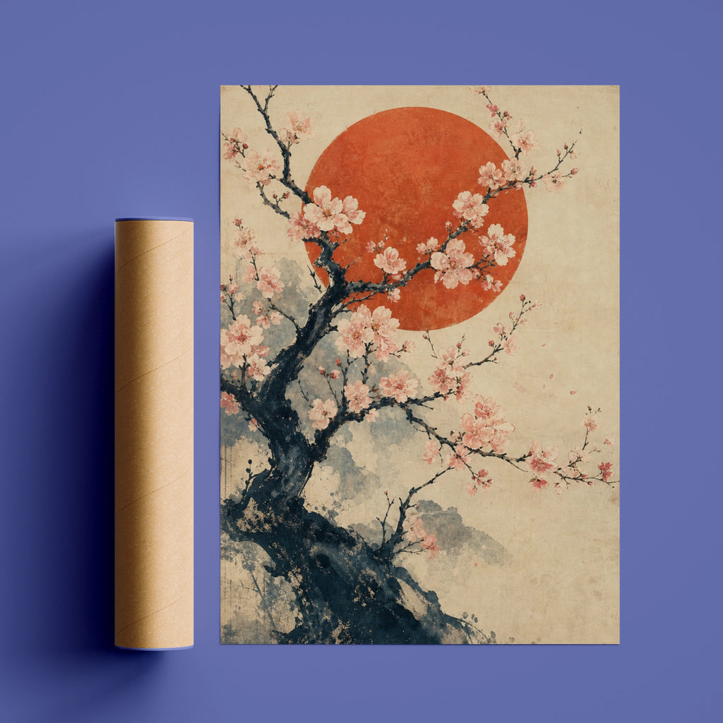 Cherry Blossom Rising Sun Japanese Wall Art, Sakura Tree Poster, Asian Ink Print