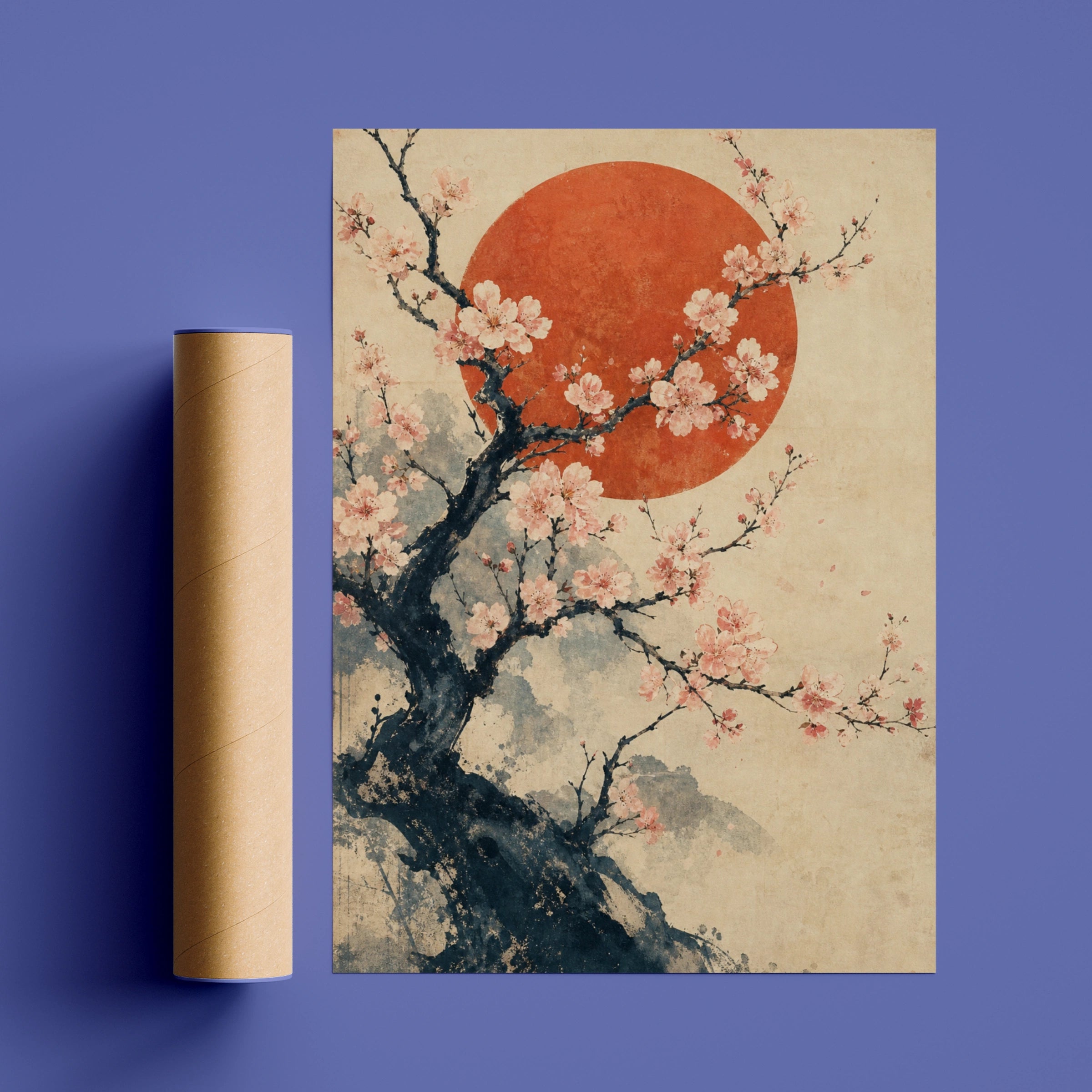 Cherry Blossom Rising Sun Japanese Wall Art, Sakura Tree Poster, Asian Ink Print