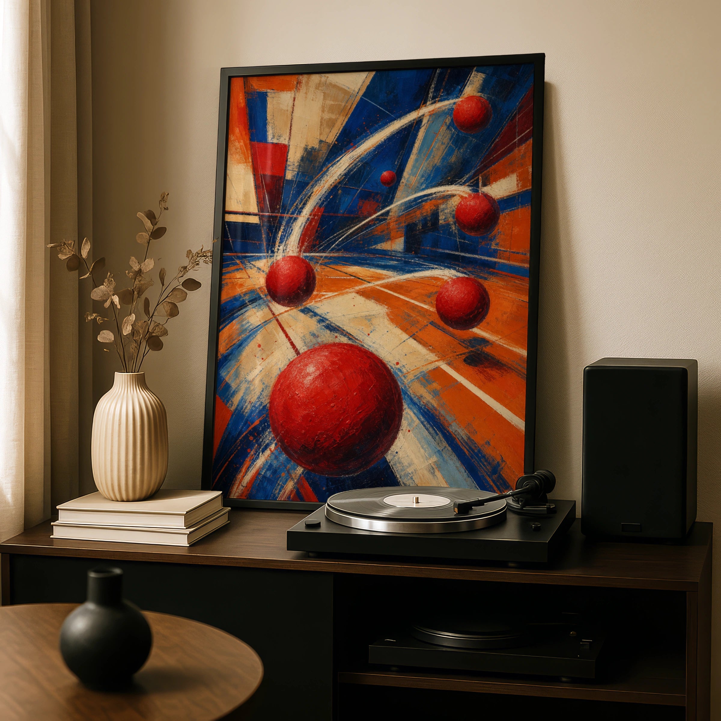 Dodgeball Abstract Art Poster, Dynamic Sports Wall Art, Red Blue Orange Print