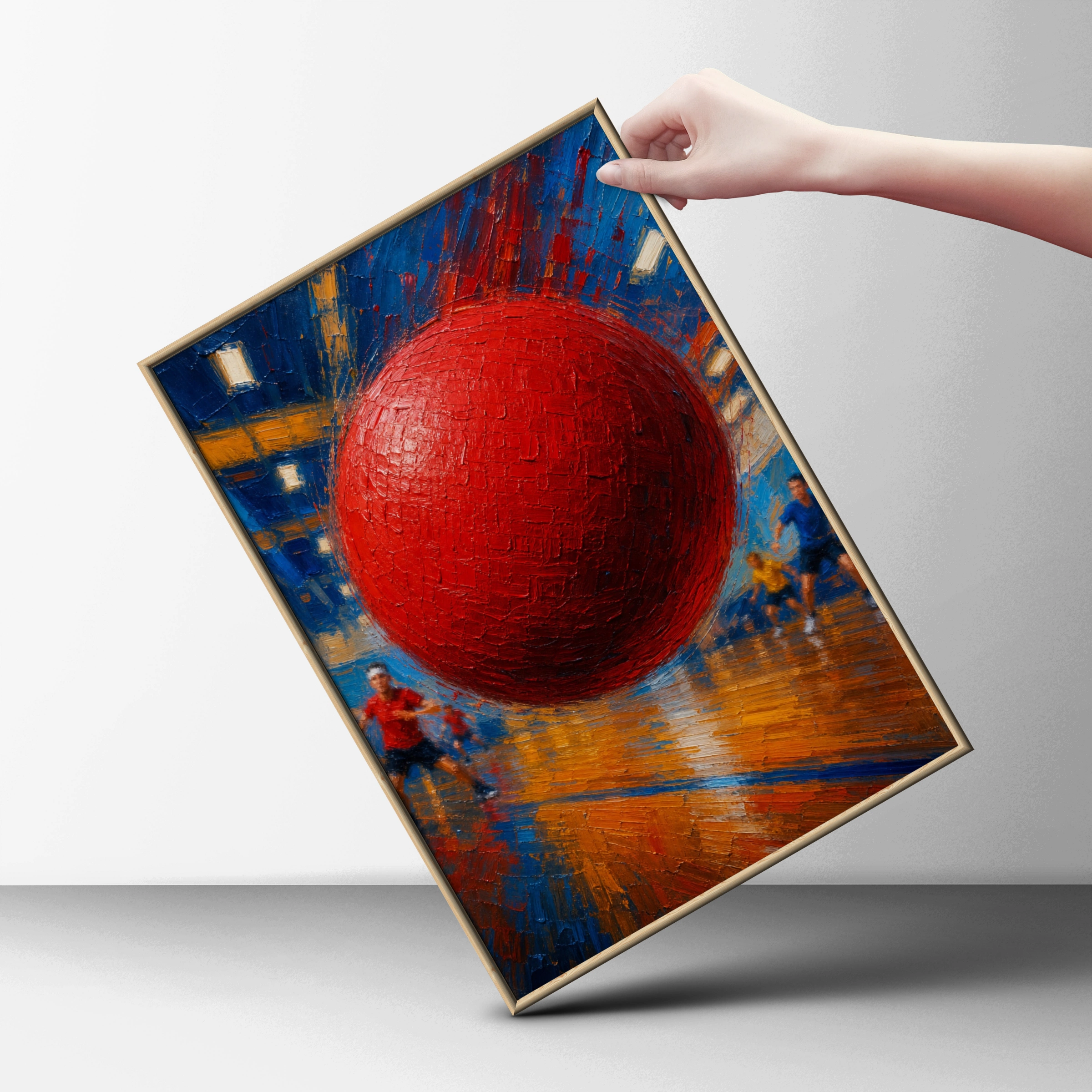 Dodgeball Art Poster, Red Ball Action Print, Sports Wall Art, Bold Oil Painting Style
