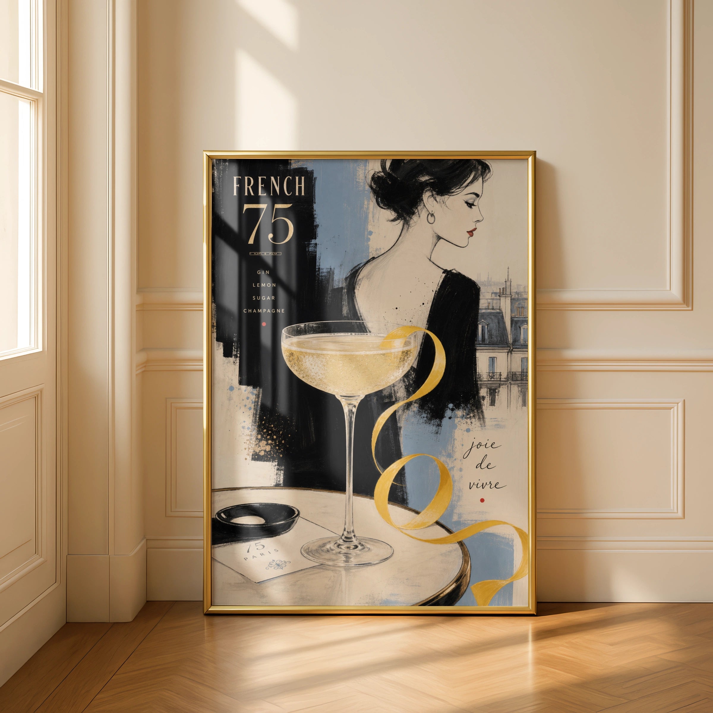French 75 Cocktail Poster, Paris Bar Art Print, Chic Champagne Wall Art, Joie de Vivre