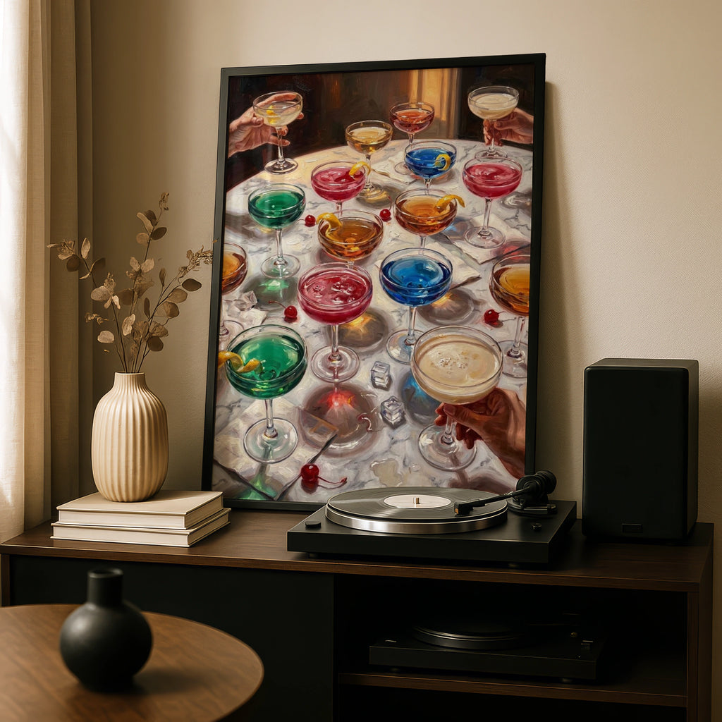 Cocktail Party Painting Poster, Colourful Drinks Wall Art, Bar Cart Decor Print