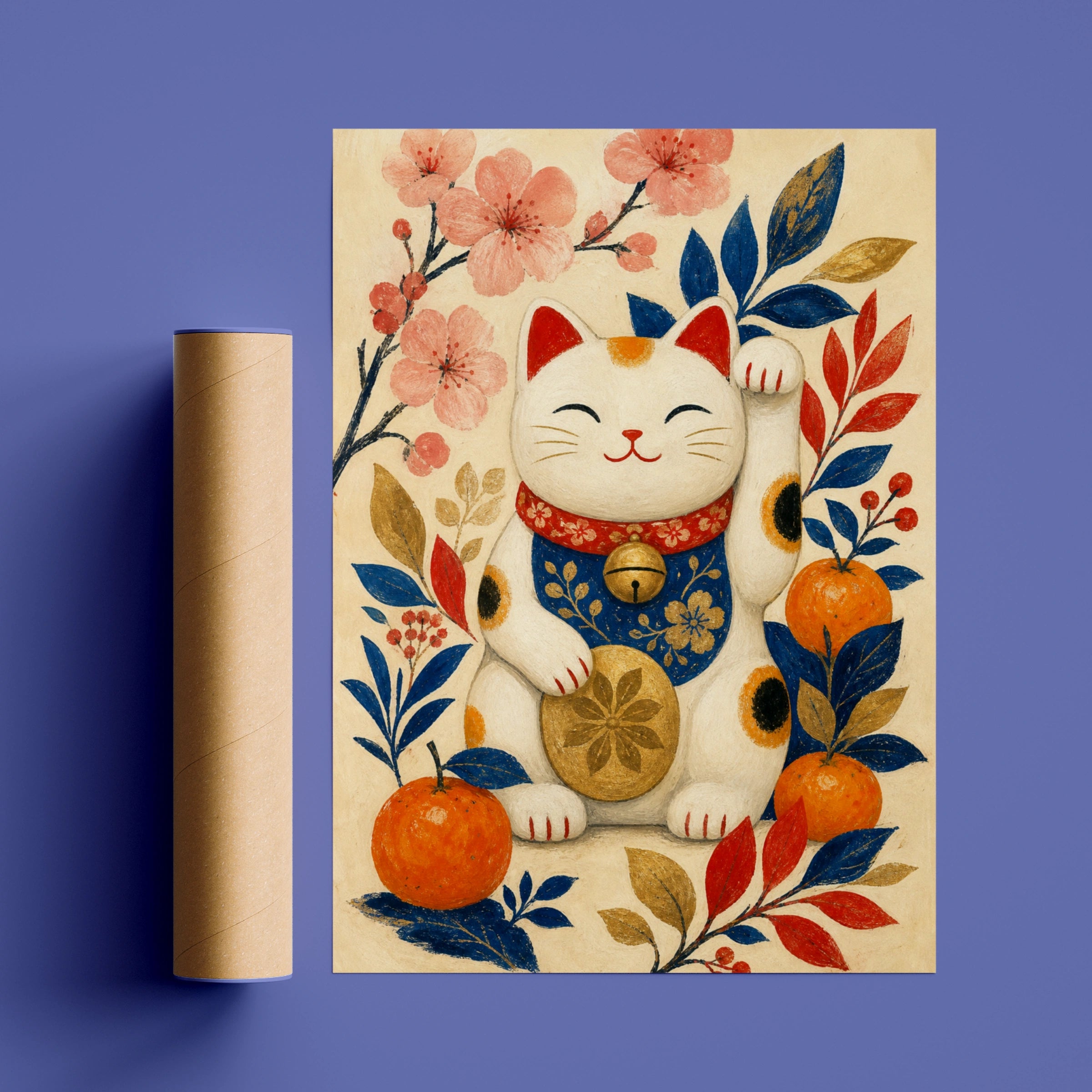 Maneki Neko Lucky Cat Poster, Japanese Wall Art, Floral Cat Print, Good Luck