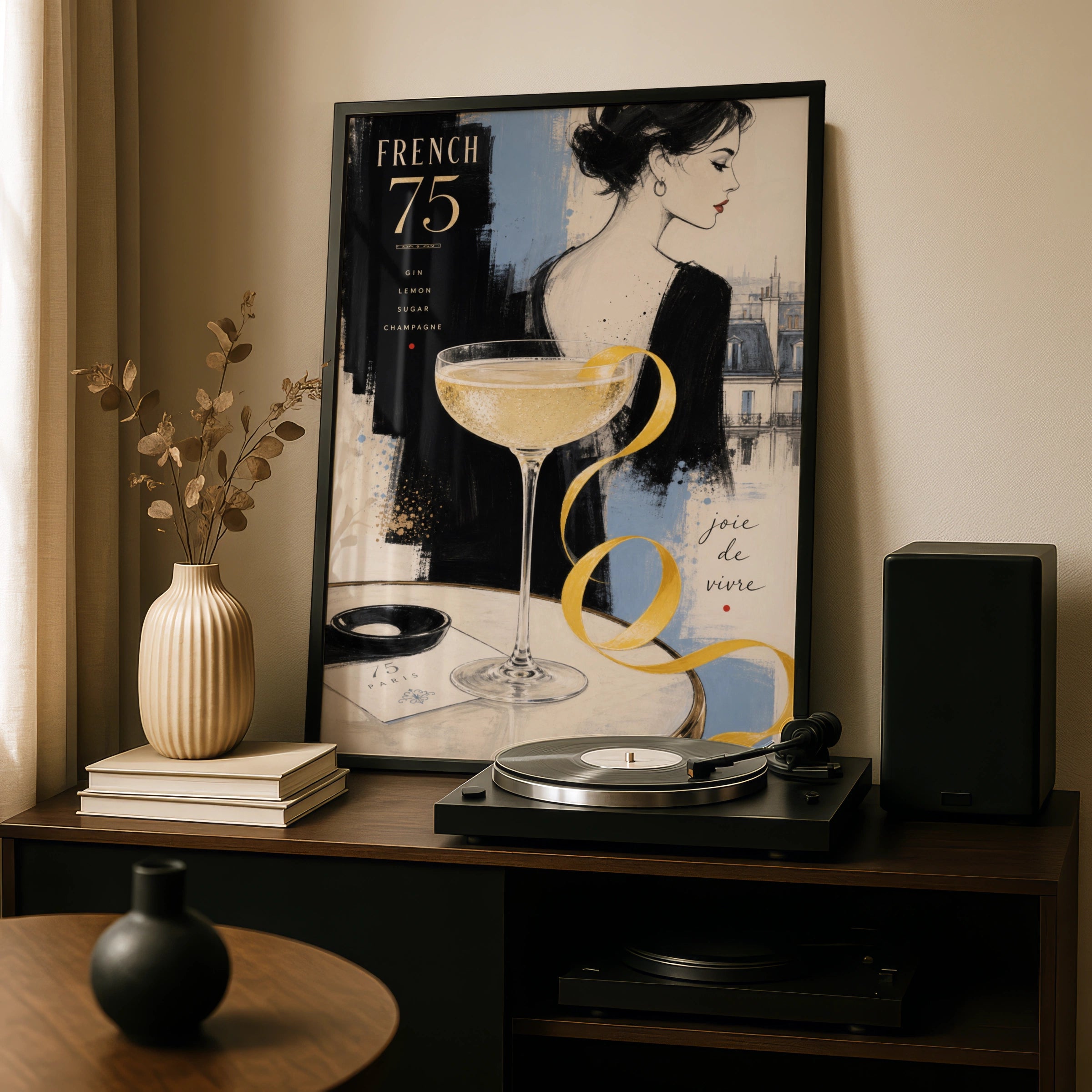 French 75 Cocktail Poster, Paris Bar Art Print, Chic Champagne Wall Art, Joie de Vivre