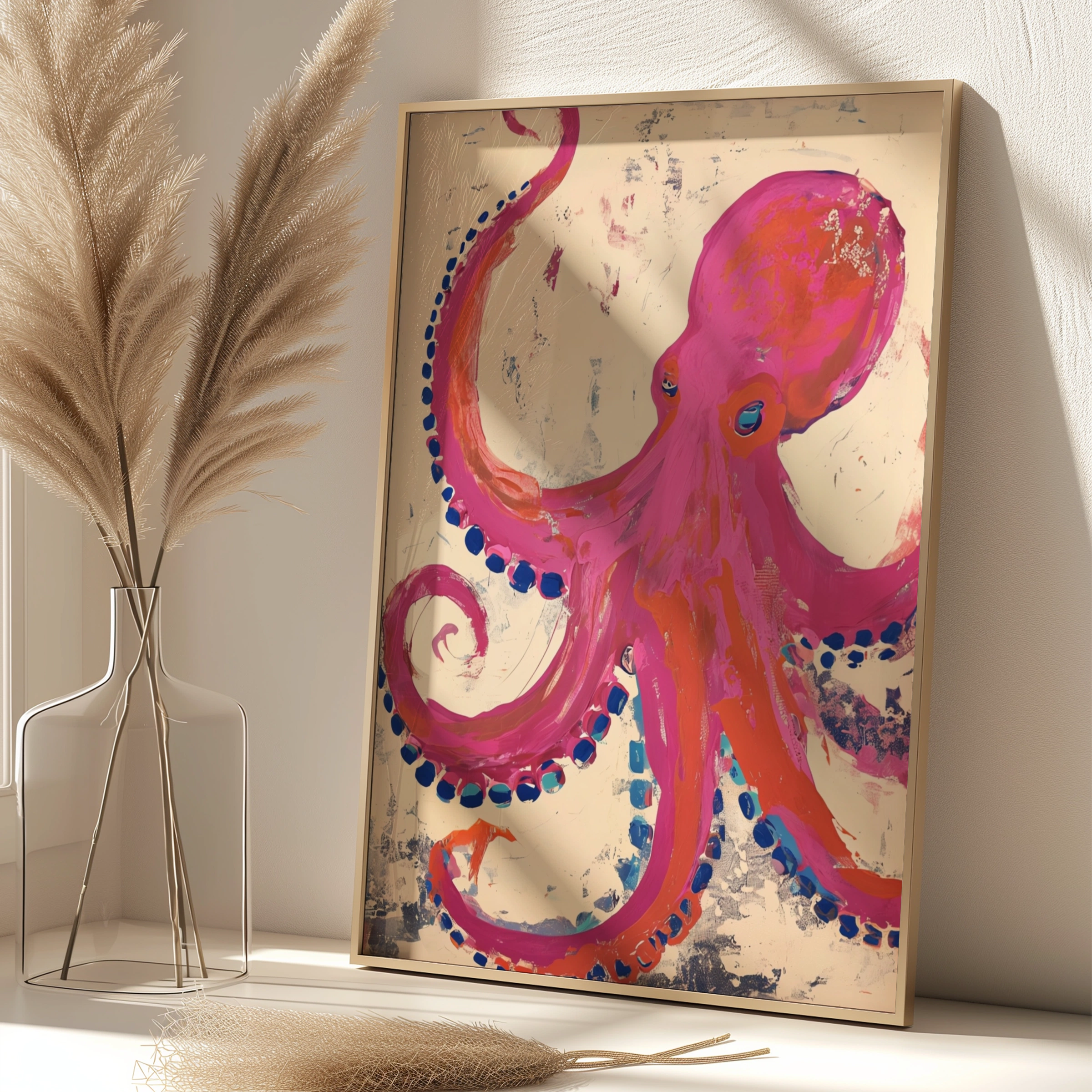 Pink Octopus Abstract Poster, Bold Colourful Ocean Animal Wall Art, Coastal Decor