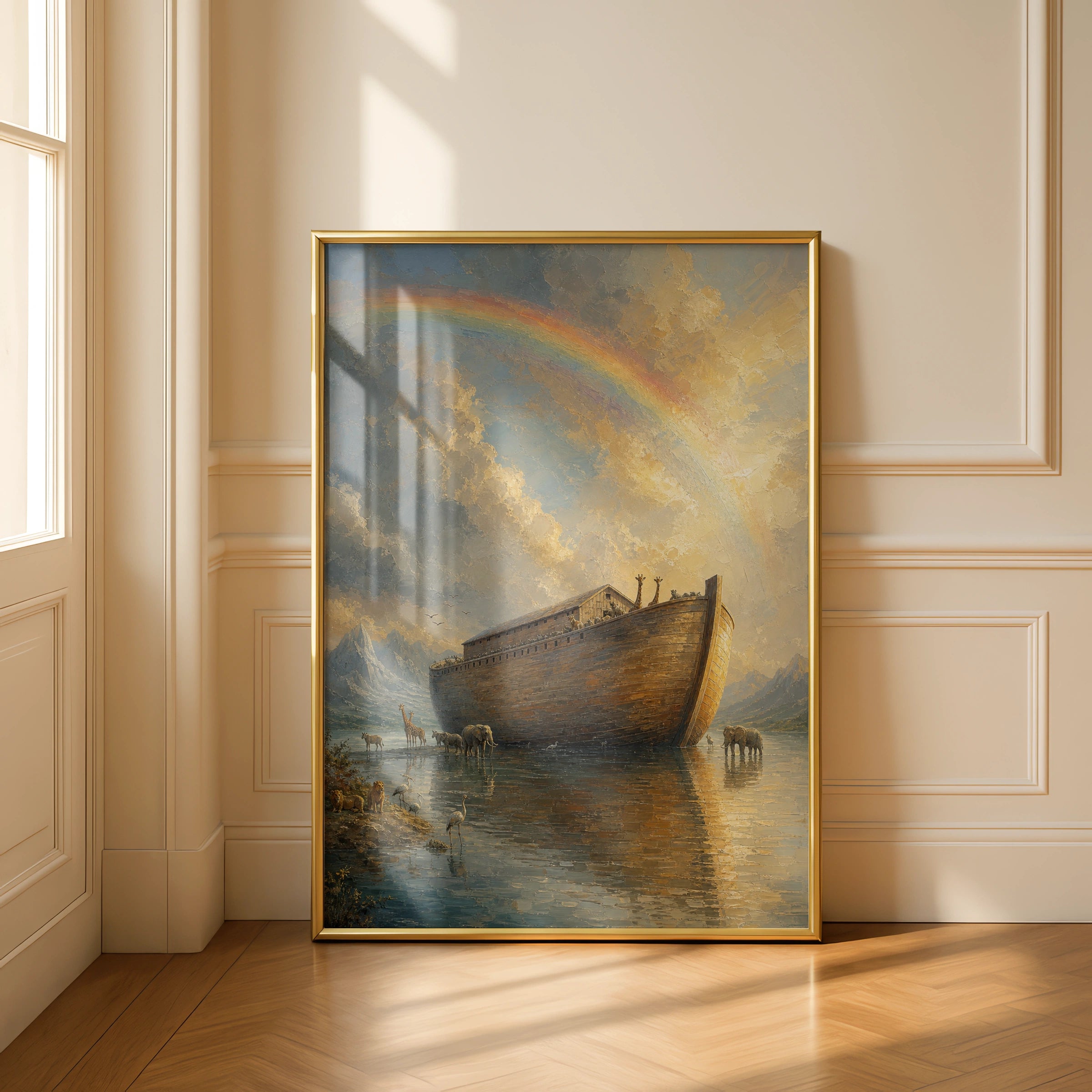 Noah's Ark Rainbow Poster, Biblical Wall Art, Christian Animals Print, Scripture Decor