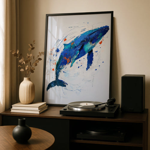 Abstract Blue Whale Poster, Ocean Animal Wall Art, Expressive Nautical Print, Teal Navy