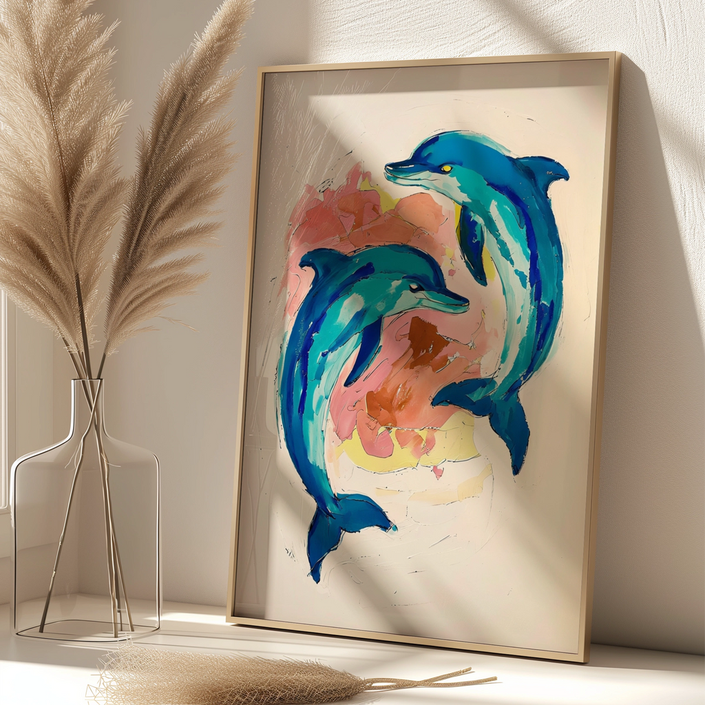 Dolphin Wall Art, Colourful Ocean Animal Poster, Teal Blue Painted Dolphins Print