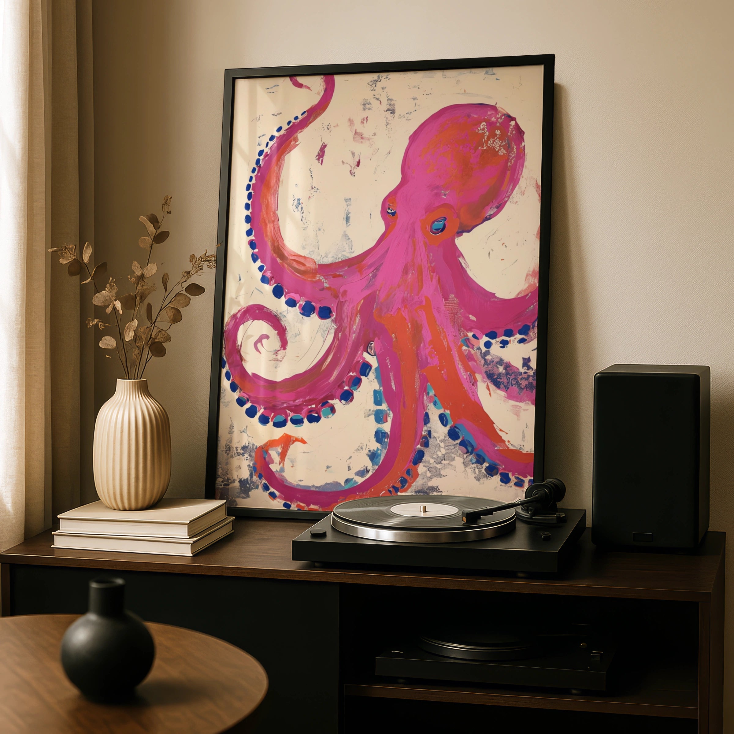 Pink Octopus Abstract Poster, Bold Colourful Ocean Animal Wall Art, Coastal Decor