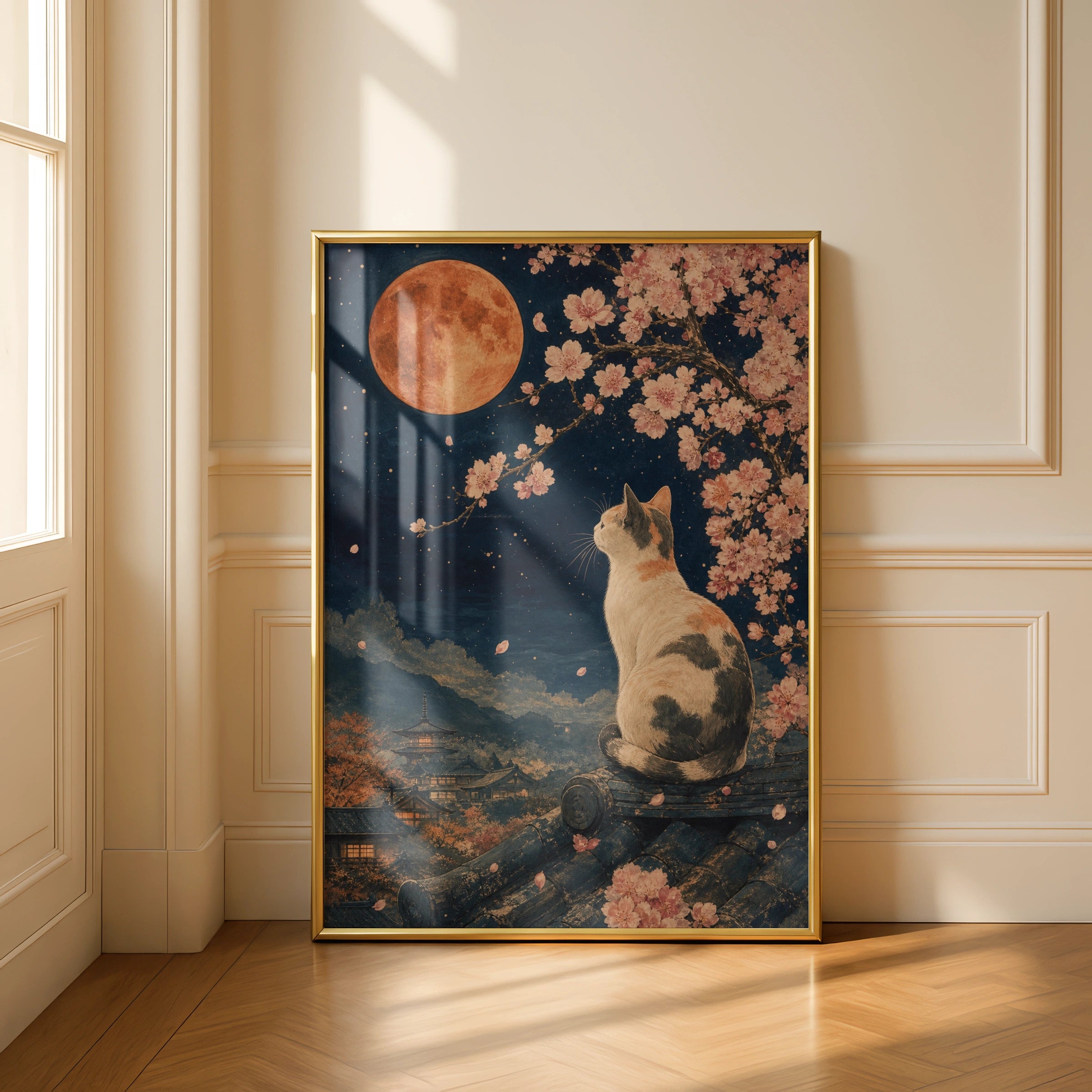Japanese Cat Cherry Blossom Moon Poster, Calico Cat Wall Art, Ukiyo-e Style Print