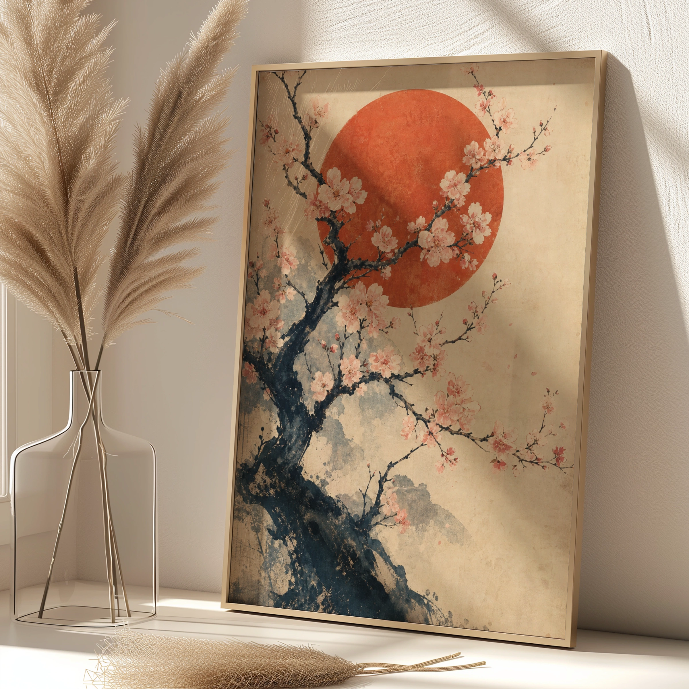 Cherry Blossom Rising Sun Japanese Wall Art, Sakura Tree Poster, Asian Ink Print