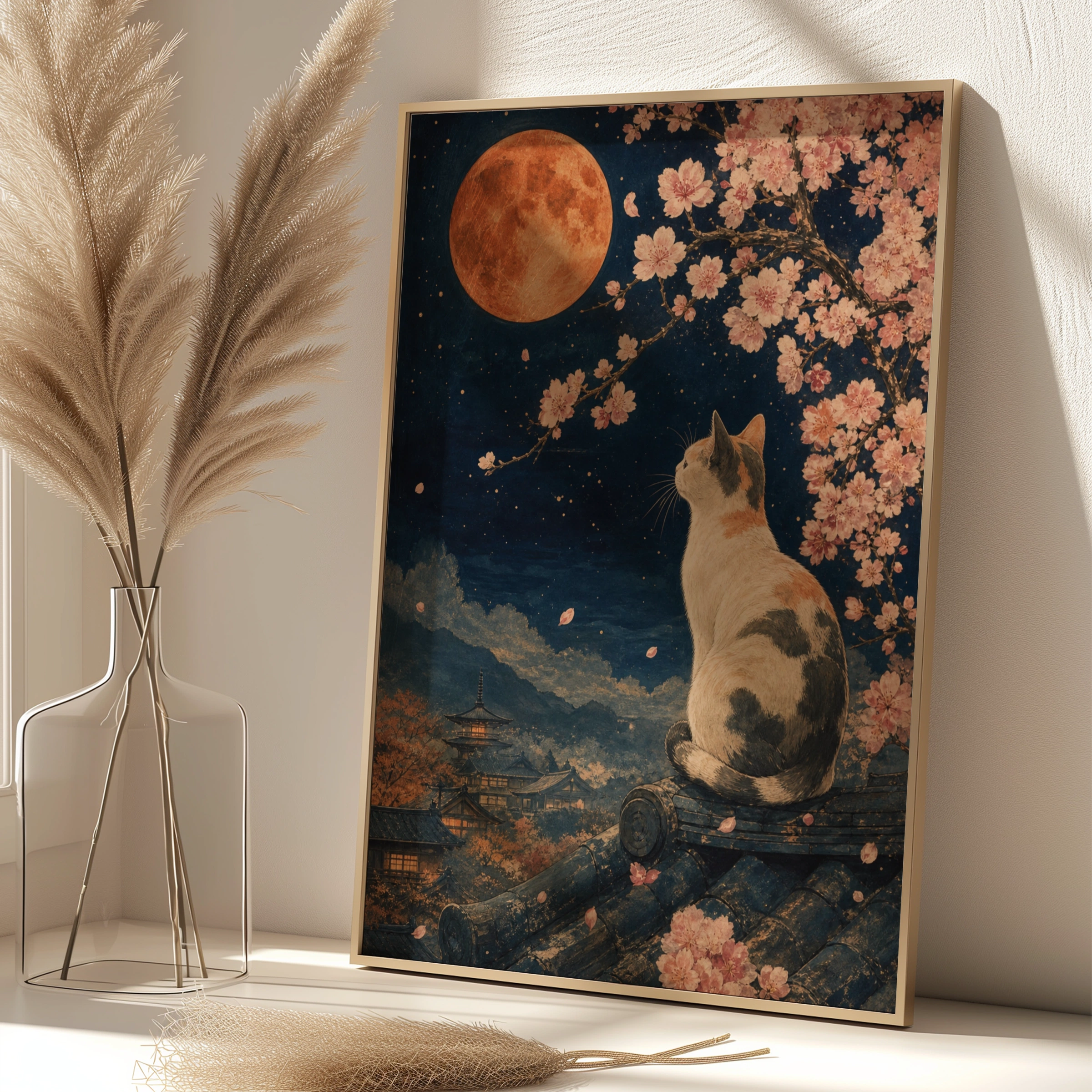 Japanese Cat Cherry Blossom Moon Poster, Calico Cat Wall Art, Ukiyo-e Style Print