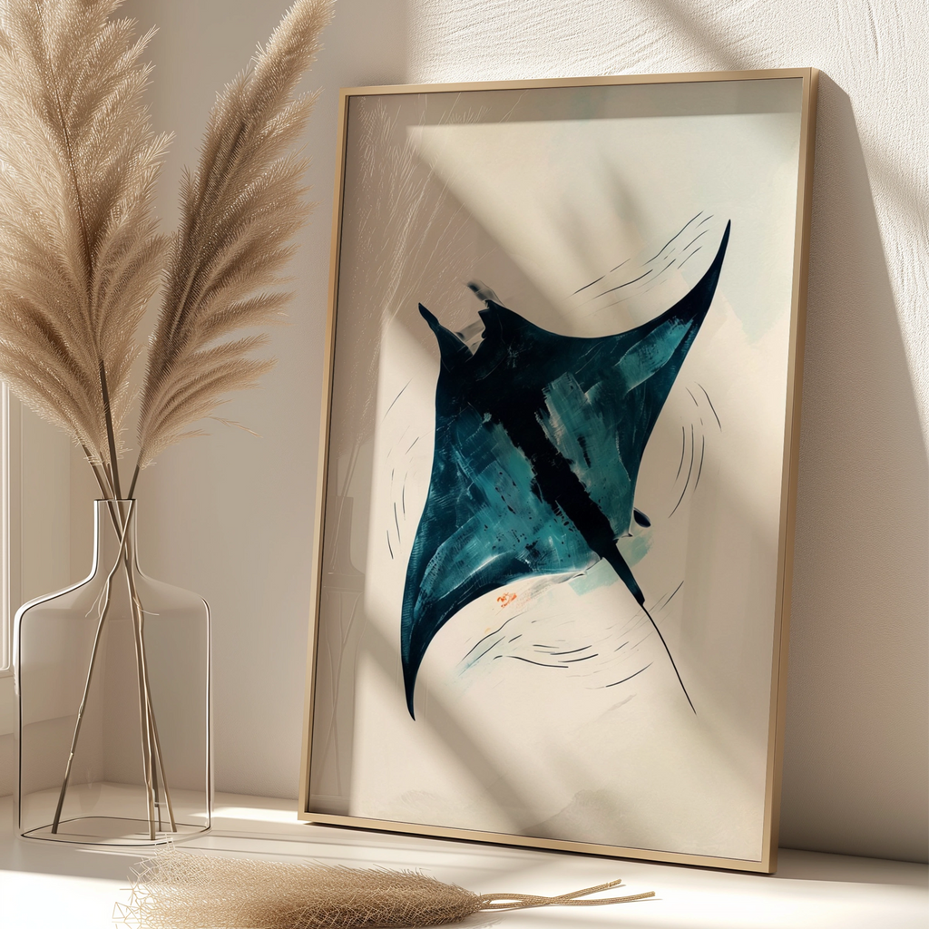 Abstract Manta Ray Poster, Ocean Wall Art, Teal Navy Blue Minimalist Print, Sea Life Decor