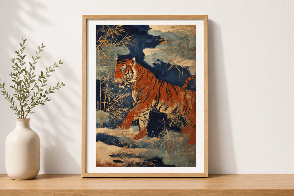 Bengal Tiger Bamboo Poster, Japanese Woodblock Style Animal Wall Art, Navy Gold