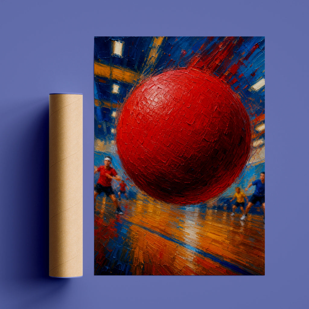 Dodgeball Art Poster, Red Ball Action Print, Sports Wall Art, Bold Oil Painting Style