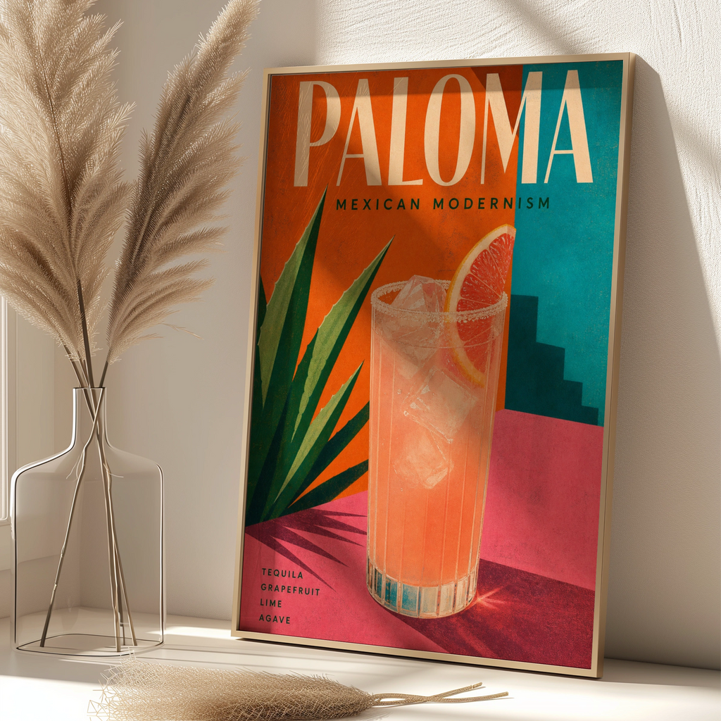 Paloma Cocktail Poster, Mexican Modernism Bar Wall Art, Tequila Grapefruit Print