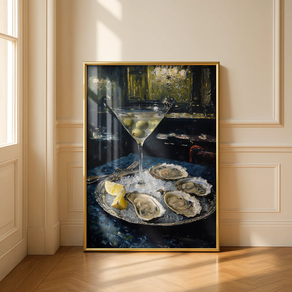 Martini Oysters Moody Still Life Poster, Dark Cocktail Bar Wall Art Print