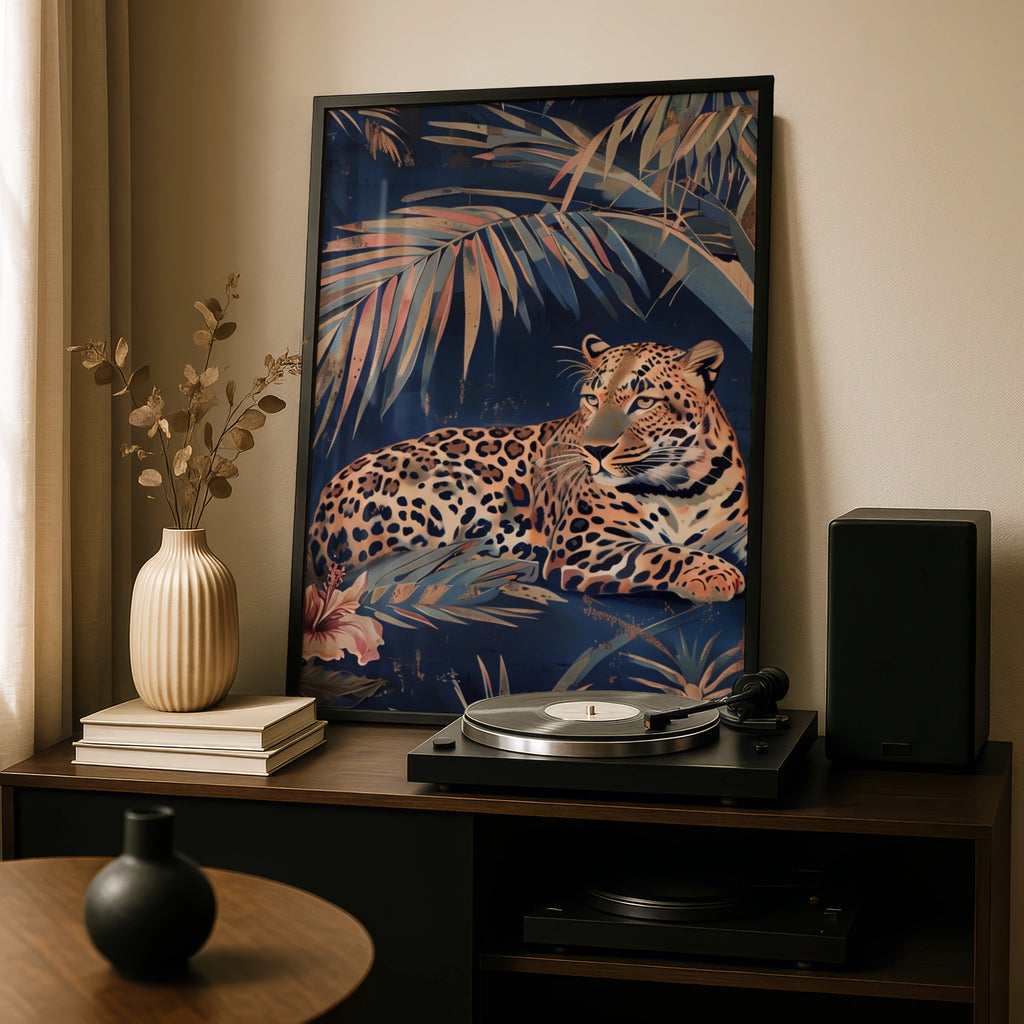 Tropical Leopard Palm Leaf Poster, Navy Blue Jungle Cat Wall Art, Botanical Animal Print