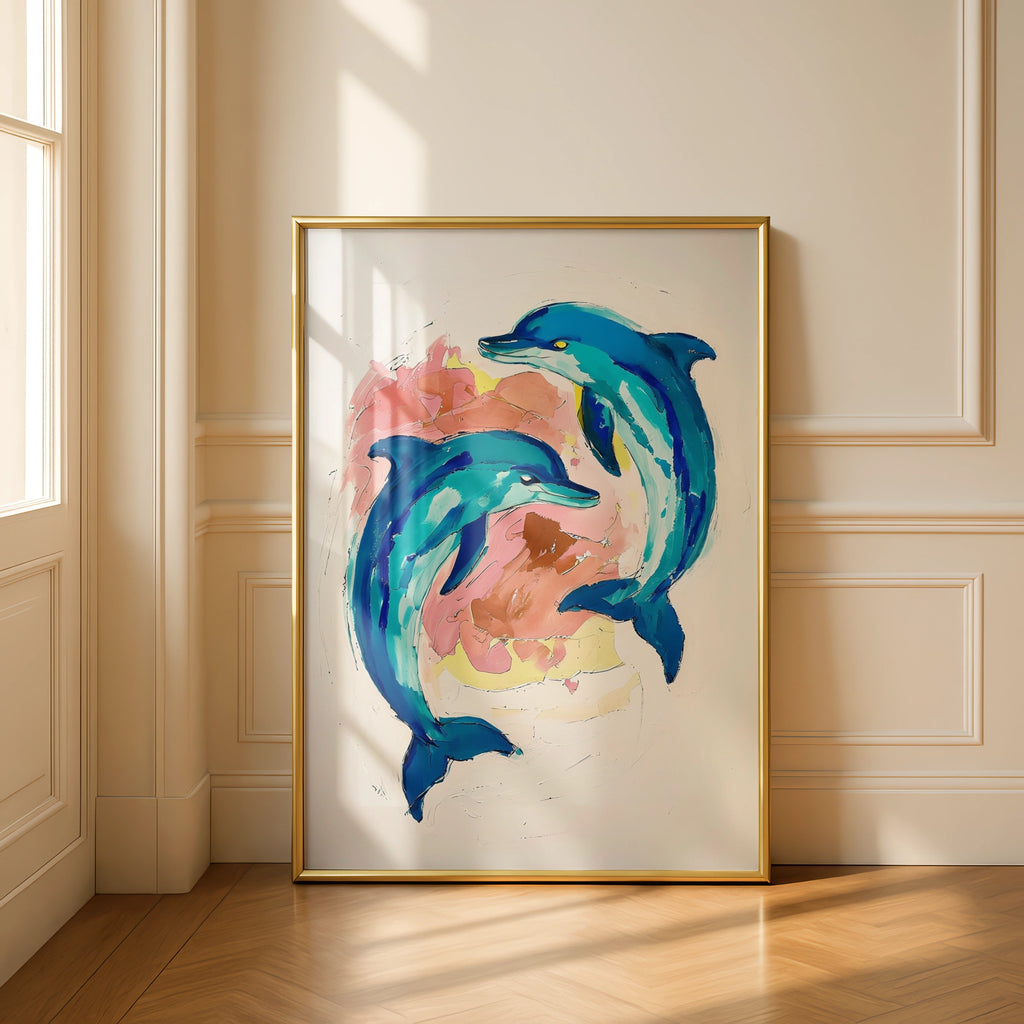 Dolphin Wall Art, Colourful Ocean Animal Poster, Teal Blue Painted Dolphins Print