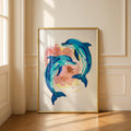 Dolphin Wall Art, Colourful Ocean Animal Poster, Teal Blue Painted Dolphins Print