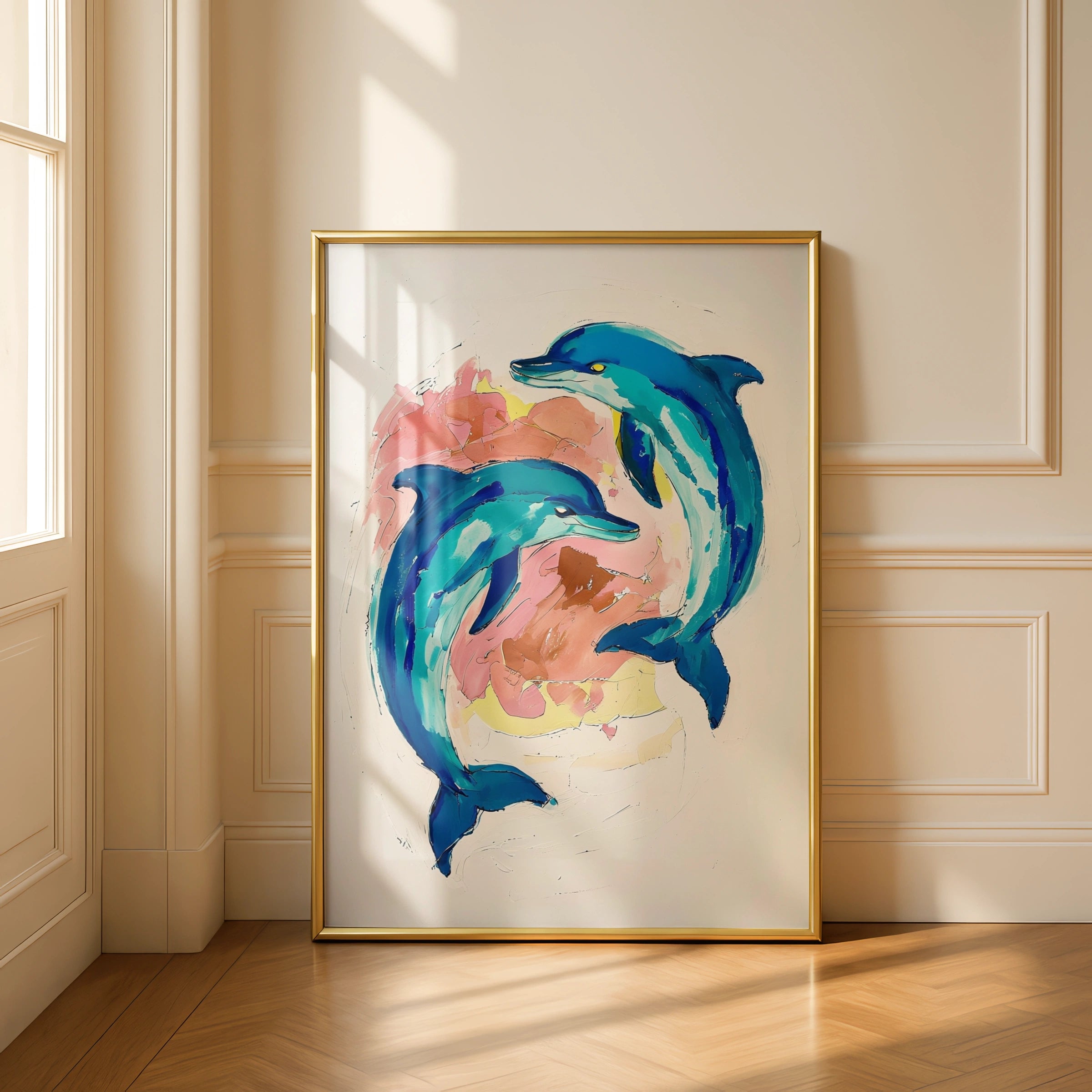 Dolphin Wall Art, Colourful Ocean Animal Poster, Teal Blue Painted Dolphins Print